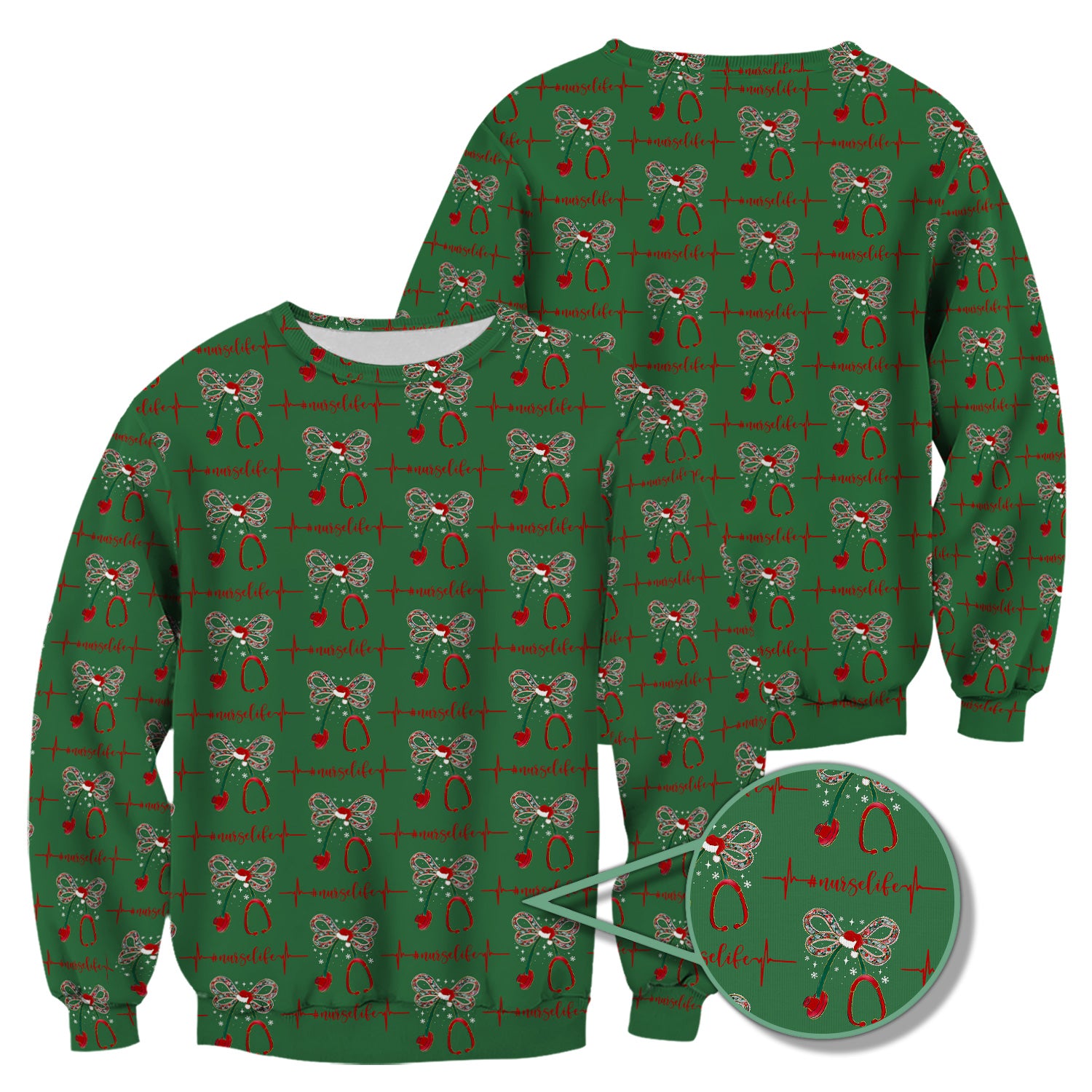 Personalized Funny Nurse Christmas Scrub Top - Stethoscope with Holiday Bow & Heartbeat Pattern - Gift for RN LPN CNA Healthcare Staff