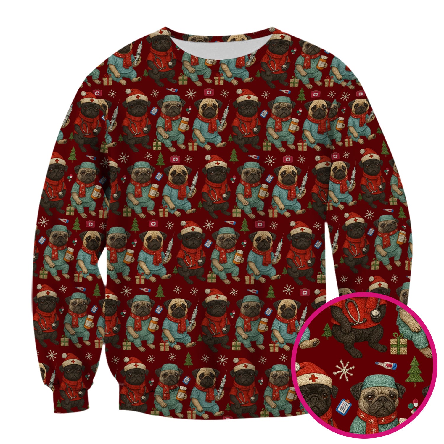 Christmas Pug Nurse Scrub Top, Cute Holiday Dog Medical Uniform Shirt For Nursing