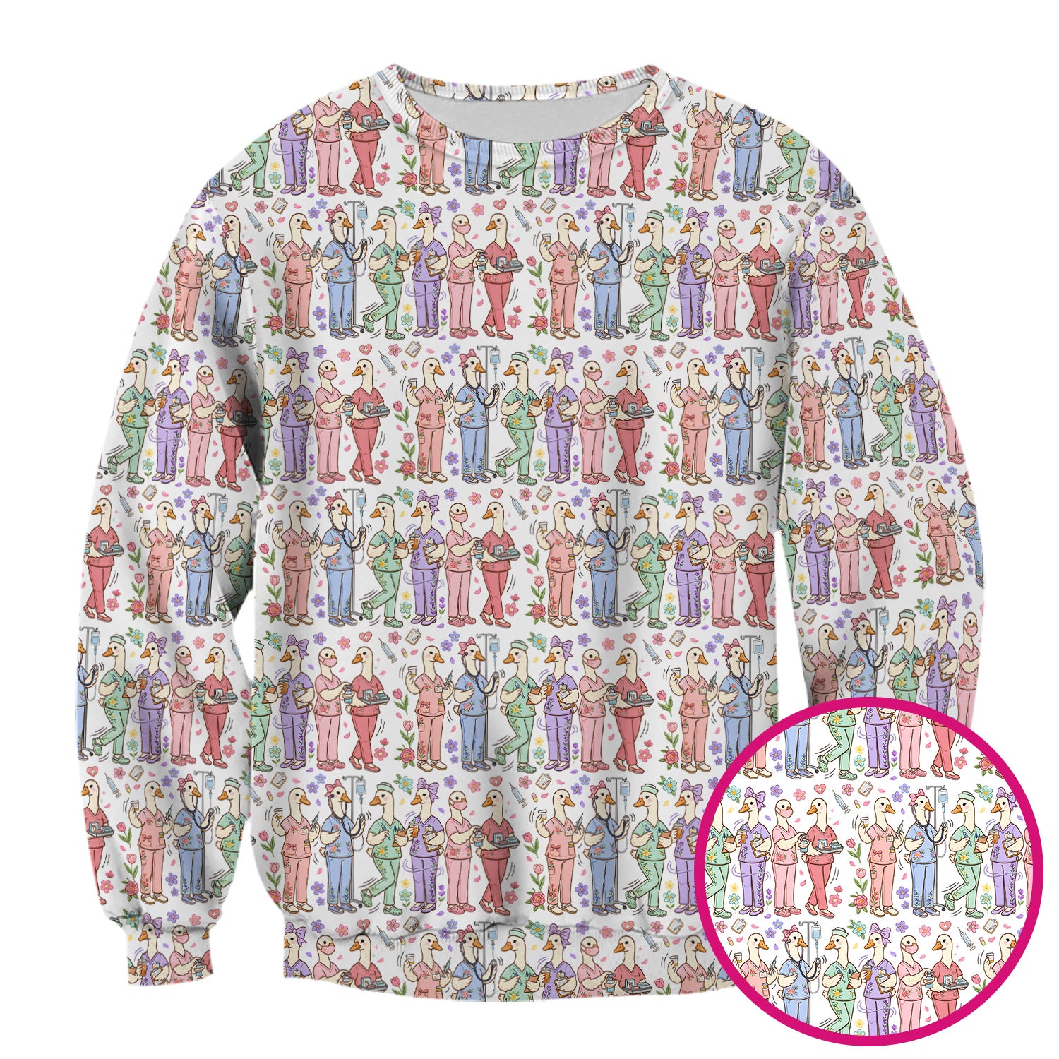 Goose Characters Floral Medical Team Uniform Pattern Scrub Top, Breathable Fabrics Nursing Uniform