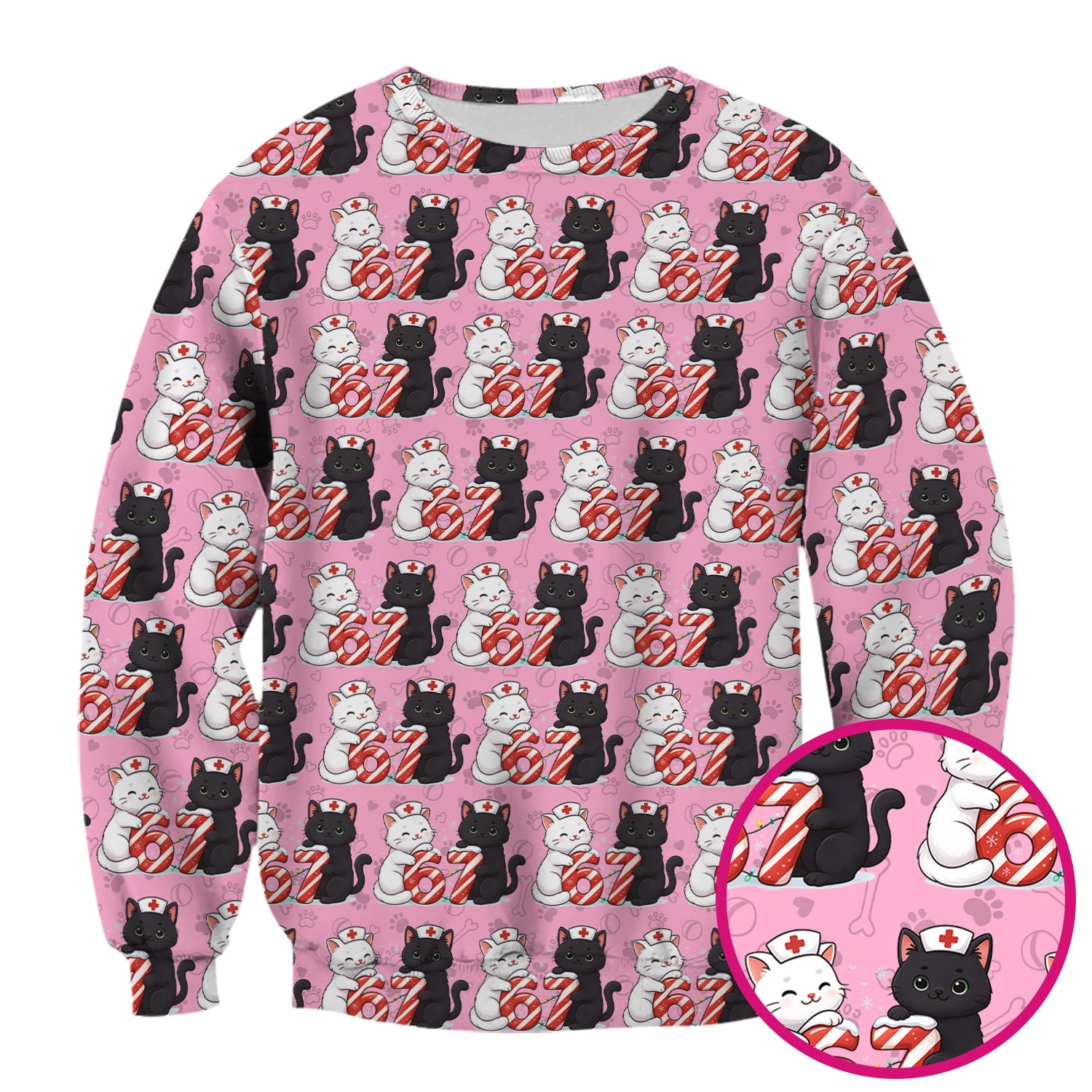 Xmas Cat Pattern Scrub Top, Christmas Nurse Six Seven With Cat Scrub Shirt, Breathable Fabrics Nursing Uniform