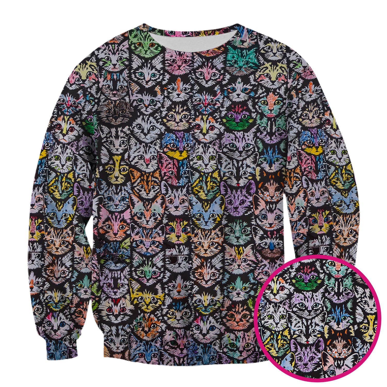 Colorful Cat Faces Pattern Scrub Top, Artistic Kitty Portrait Print, Breathable Fabrics Nursing Uniform