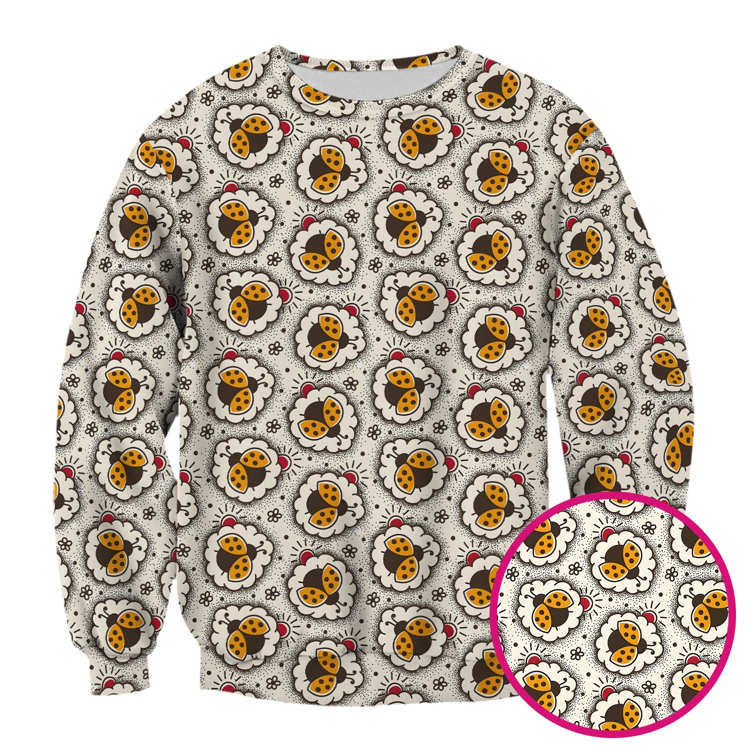 Cute Ladybug in Floral Frame Pattern Scrub Top, Breathable Fabrics Nursing Uniform