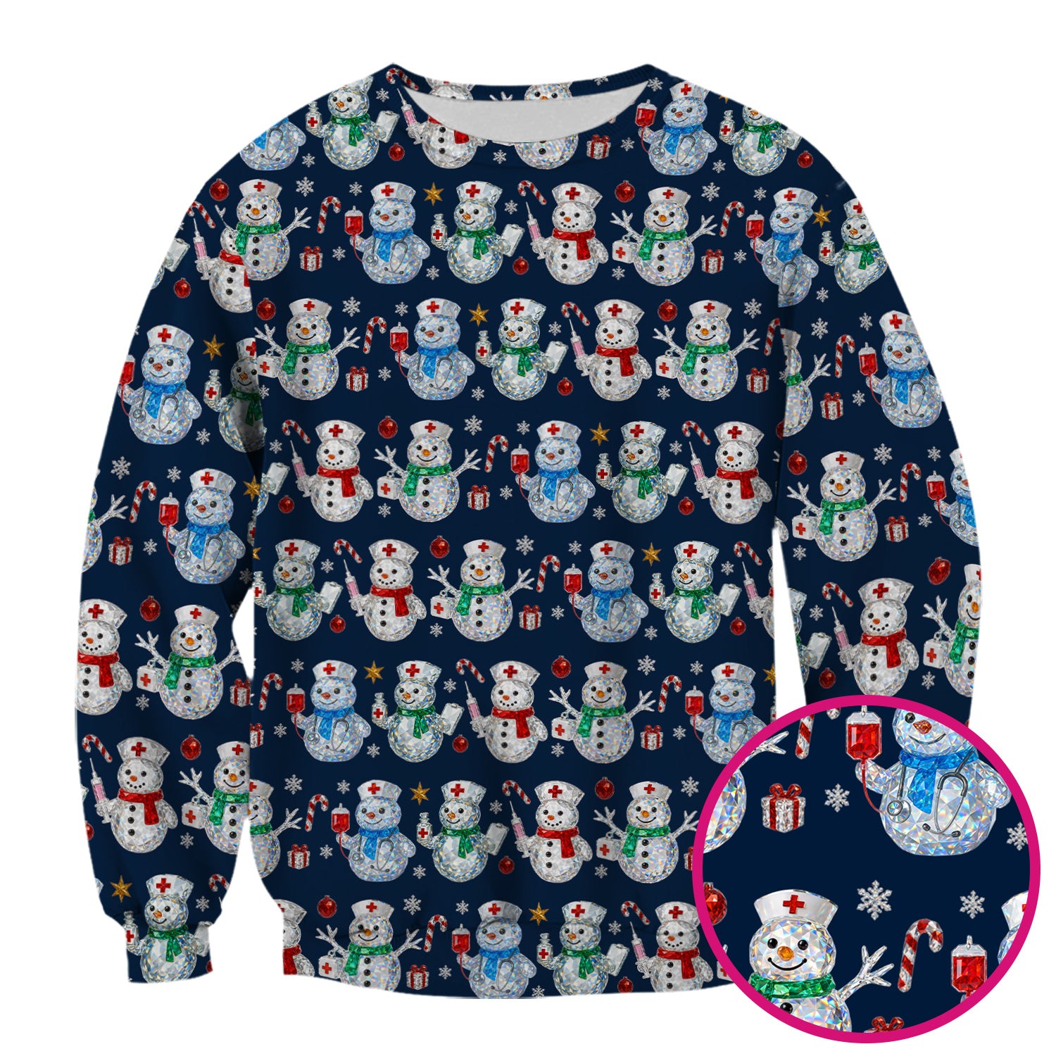Nurse Snowman Christmas Scrub Top, Cute Holiday Medical Pattern Shirt For Women, Winter Snowflake Nursing Uniform