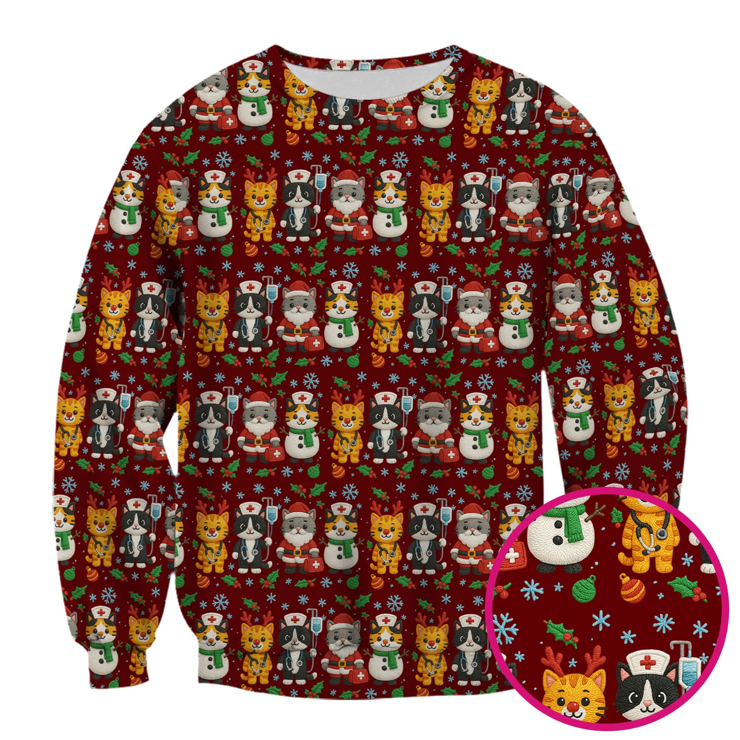 Christmas Cat Nurse Pattern Scrub Top, Cute Holiday Kitty Medical Uniform Shirt For Nursing