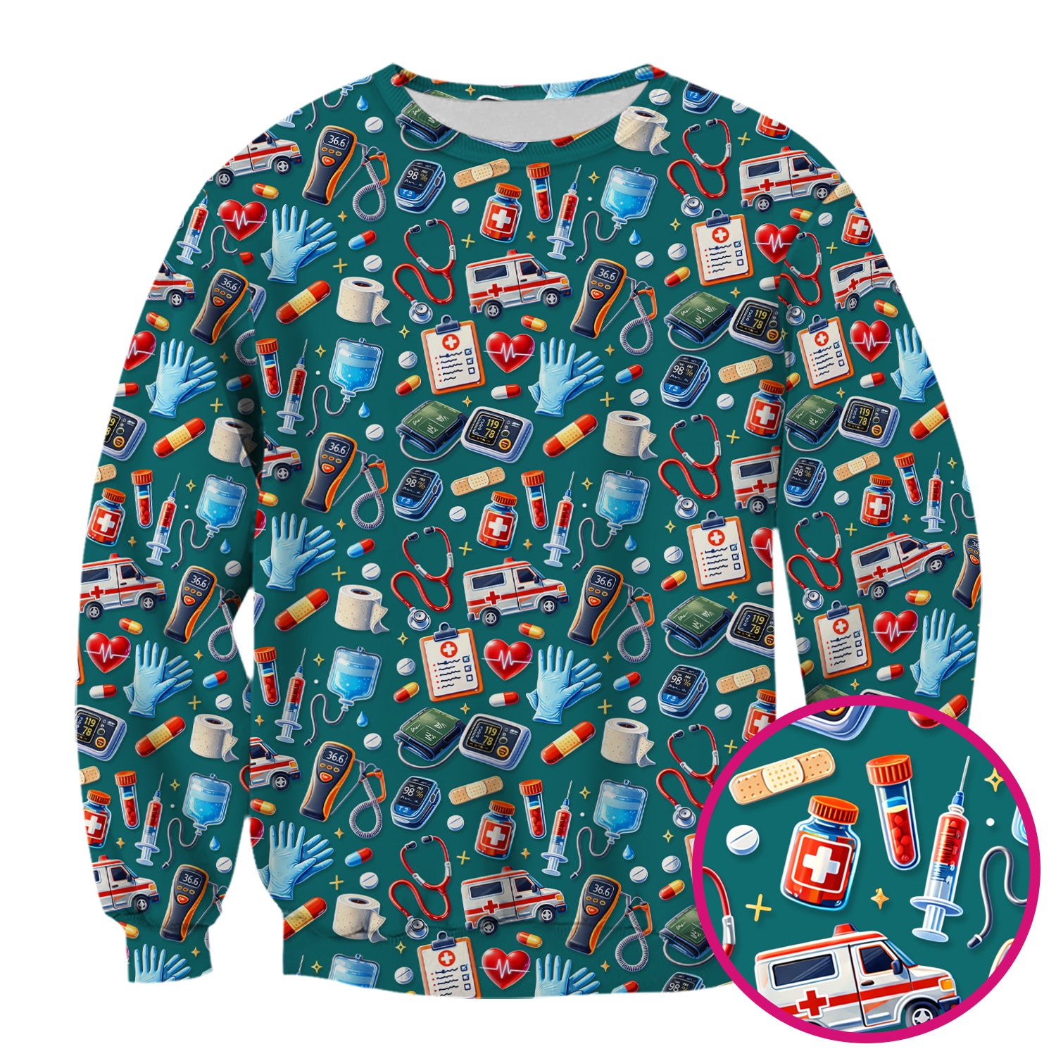 Medical Tools Pattern Ambulance Stethoscope Scrub Top, Comfortable Scrubs for Nurses