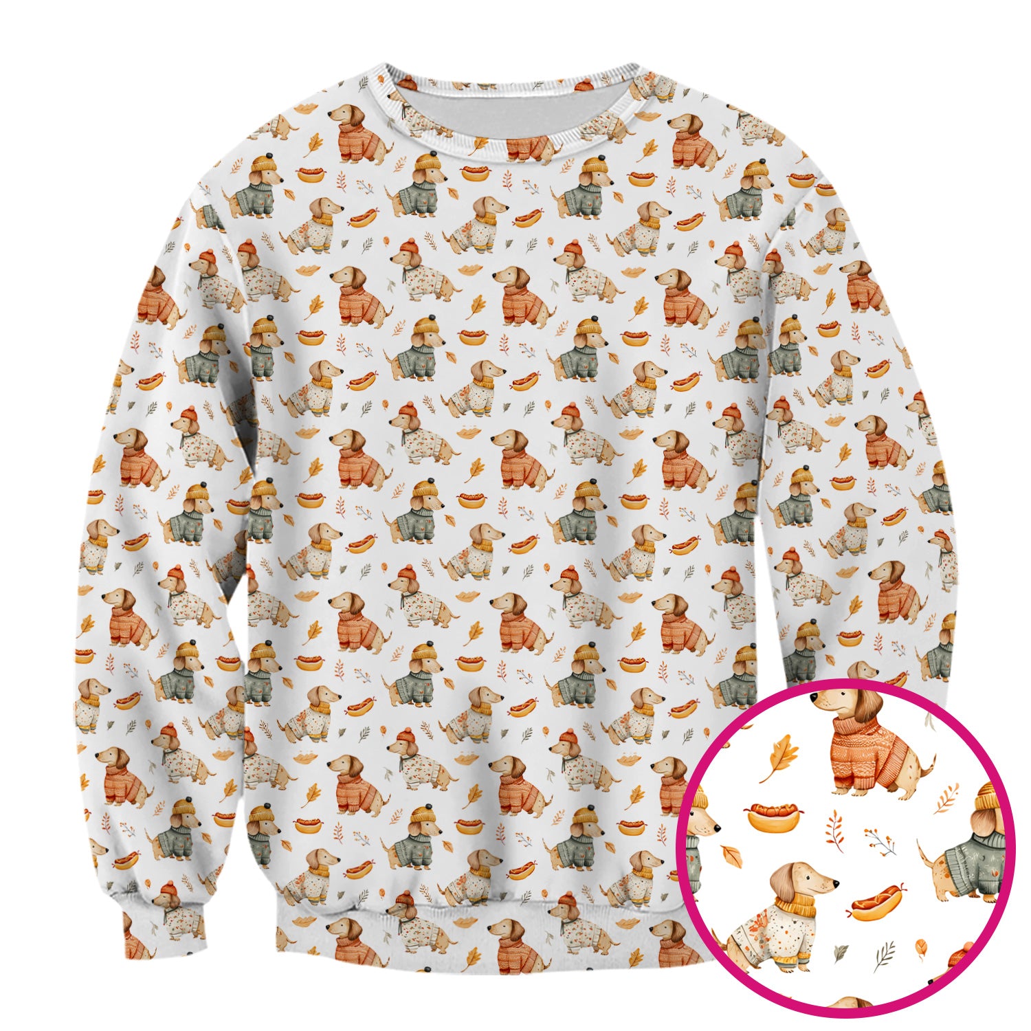 Autumn Dachshund Dog Sweater Print Scrub Top, Comfortable Scrubs for Nurses