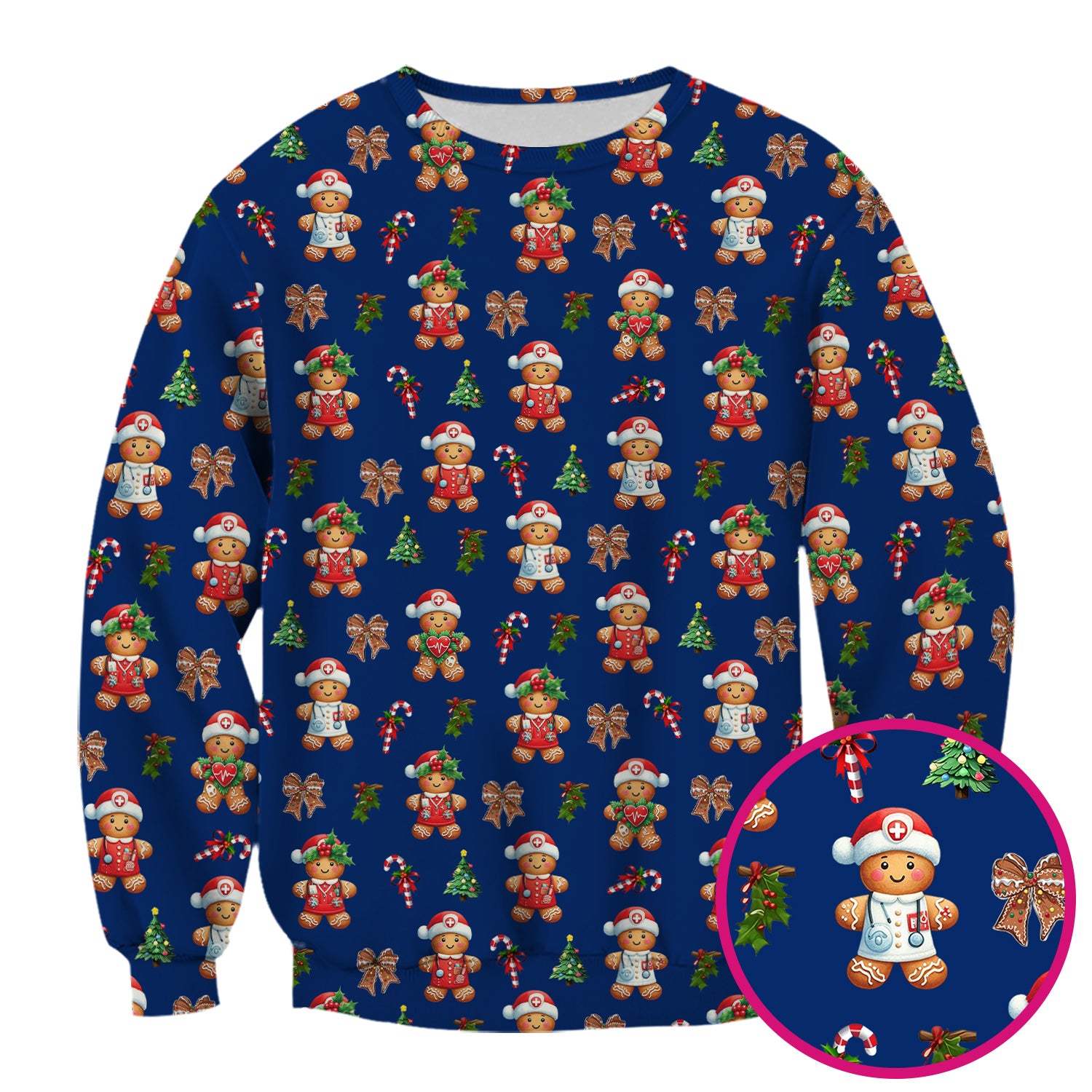 Funny Christmas Scrub Top for Nurse - Adorable Gingerbread Candy Cane Bow- Festive Medical Uniform for Women