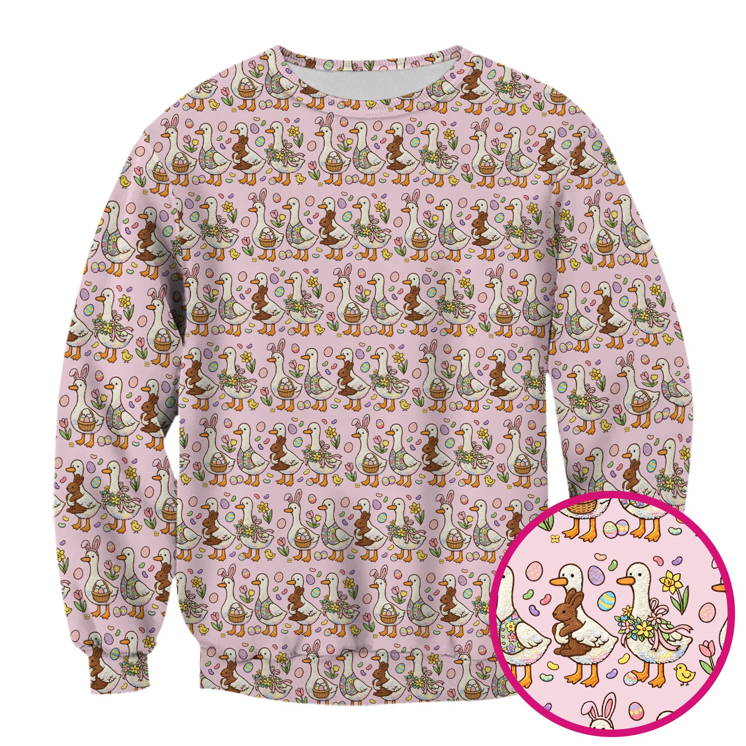 Easter Theme Duck and Bunny Egg Floral Print Scrub Top, Comfortable Scrubs for Nurses