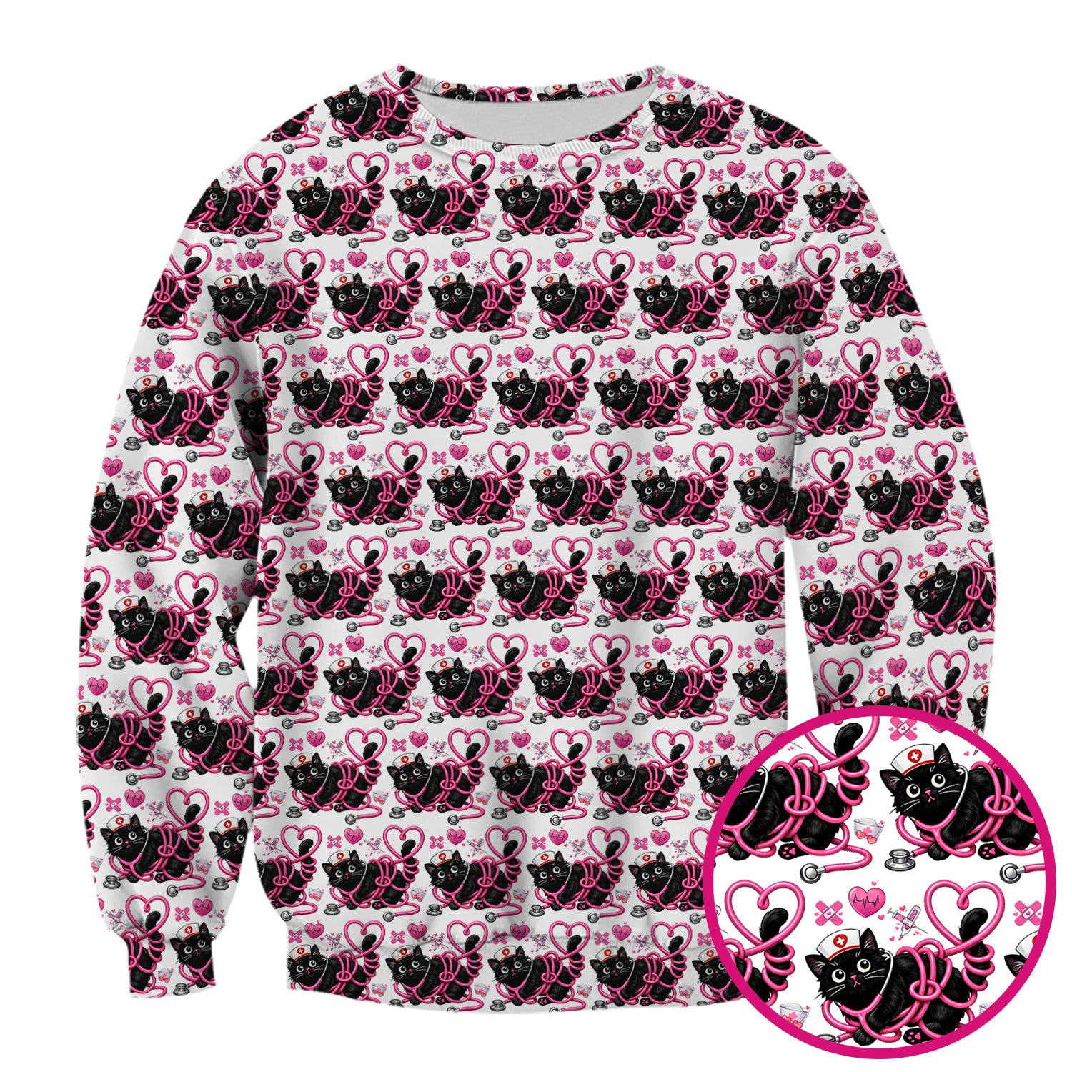 Valentine Cute Cat Nurse Heart Print Scrub Top, Comfortable Scrubs for Nurses
