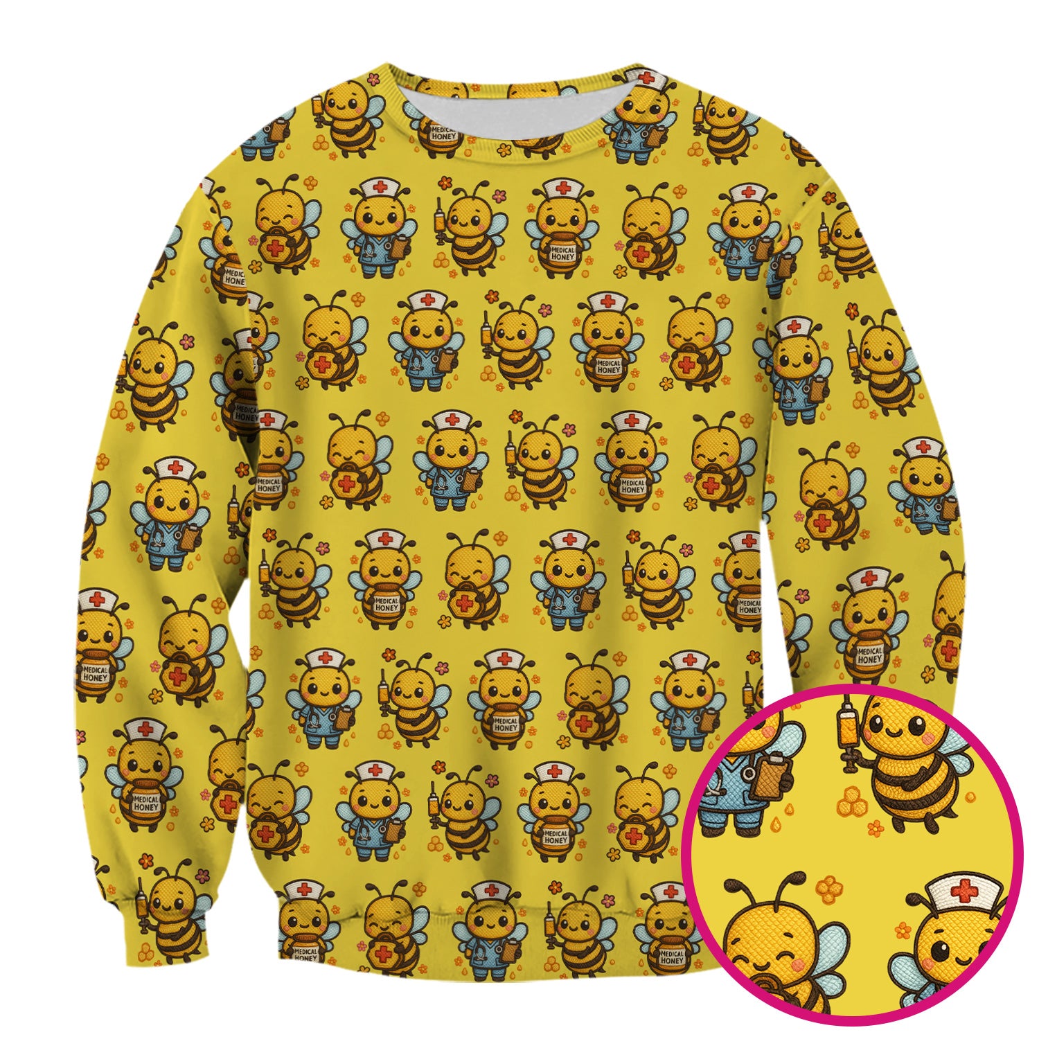 Cute Nurse Bee Scrub Top, Kawaii Medical Honey Bee Pattern Shirt for Nursing Professionals