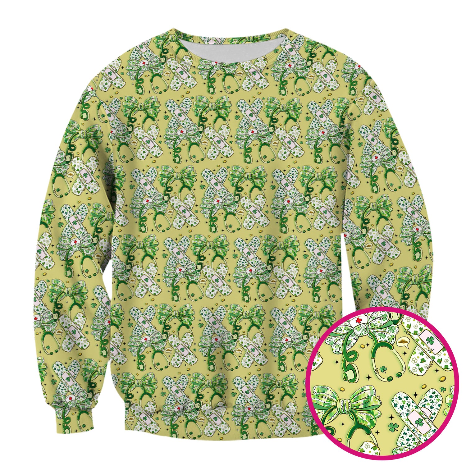St Patrick Shamrock Stethoscope Bow Print Scrub Top, Breathable Fabrics Nursing Uniform