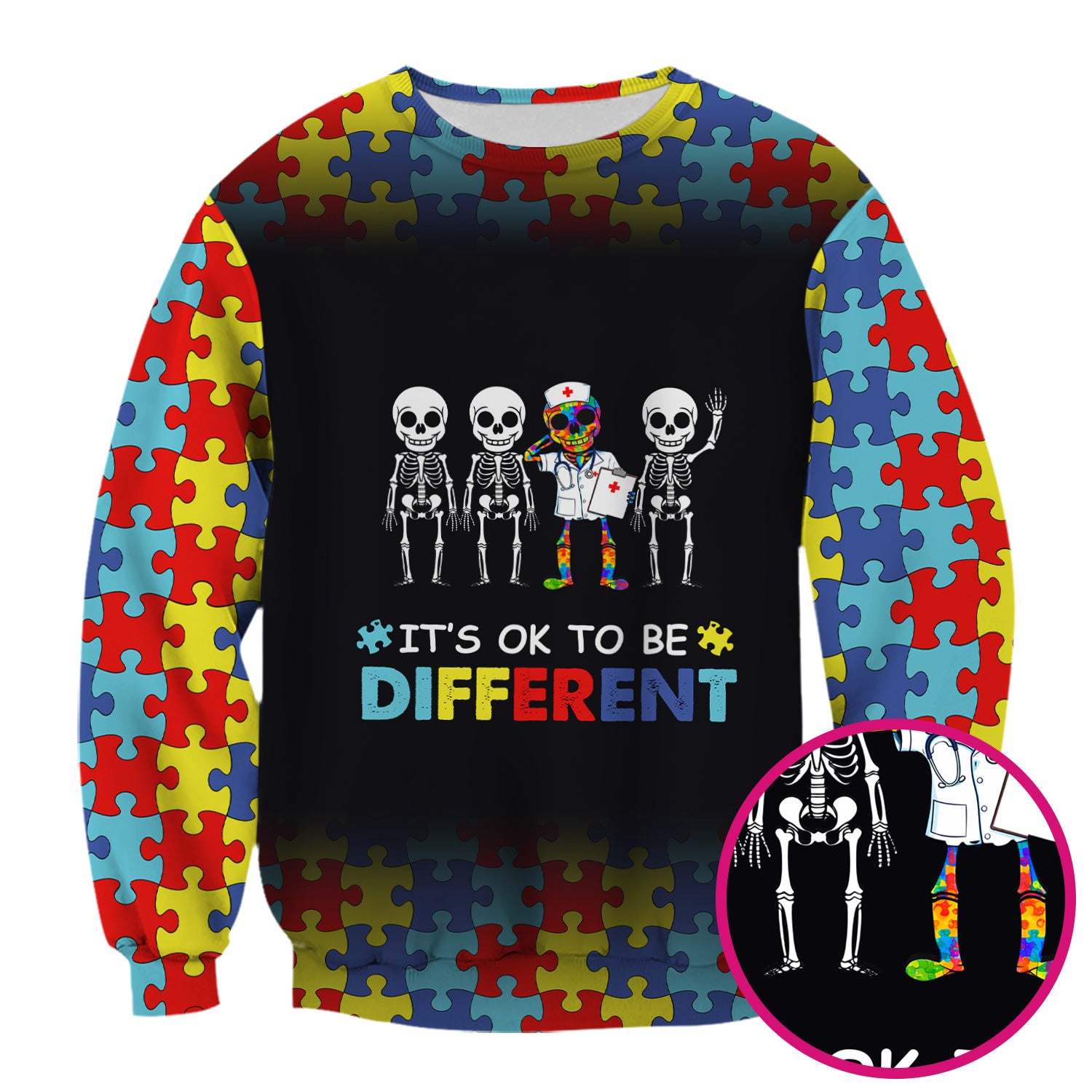 Autism Puzzle Skeleton Nurse It's OK to Be Different Scrub Top, Comfortable Scrubs for Nurses