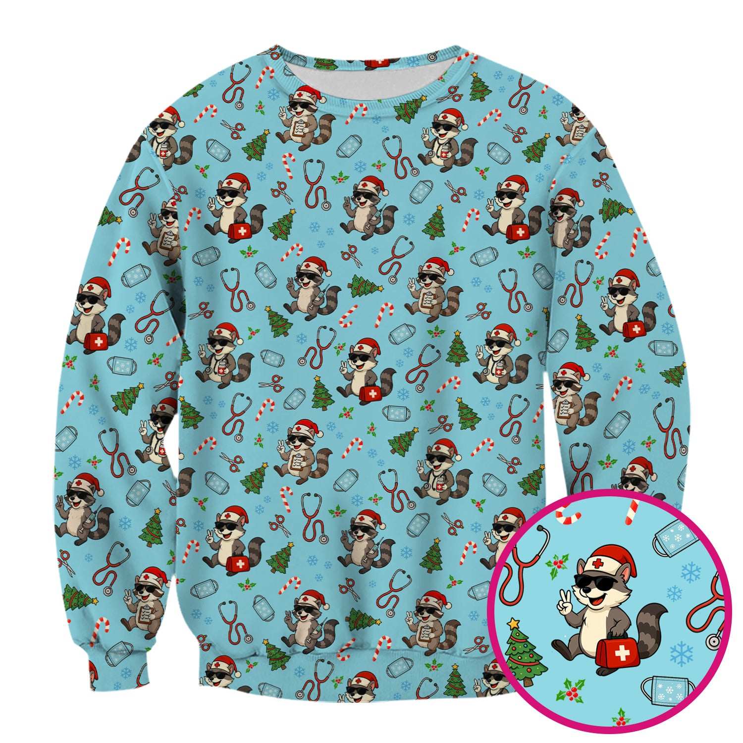 Christmas Scrub Top for Nurses - Funny Raccoon and Medical Tools Pattern - Festive Holiday Nurse Scrubs Shirt Gift for Women RN LPN CNA