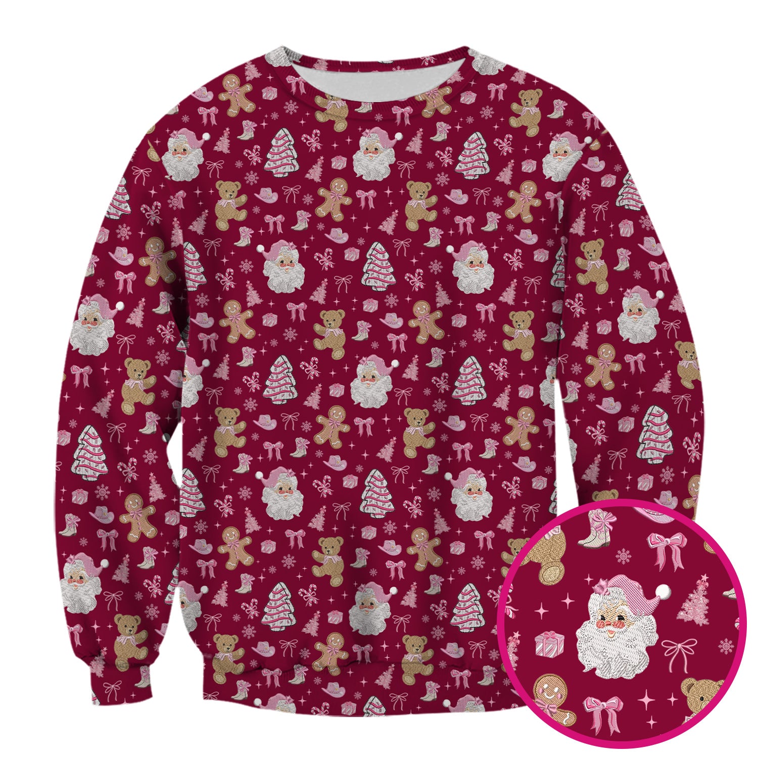 Pink Christmas Santa Gingerbread Scrub Top, Cute Holiday Medical Pattern Shirt, Breathable Fabrics Nursing Uniform