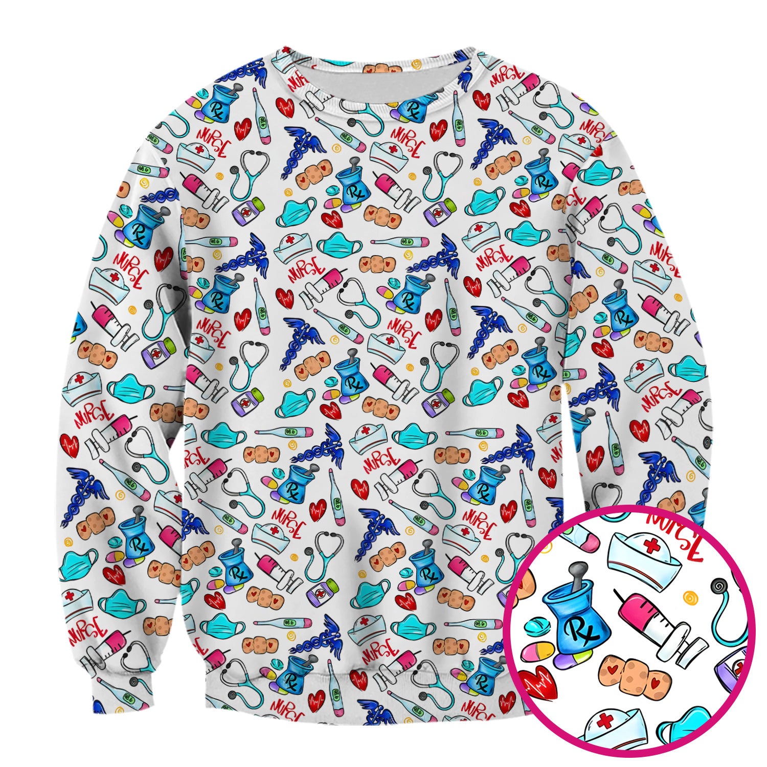 Nurse Medical Icons Stethoscope Heart Pattern Scrub Top, Comfortable Scrubs for Nurses