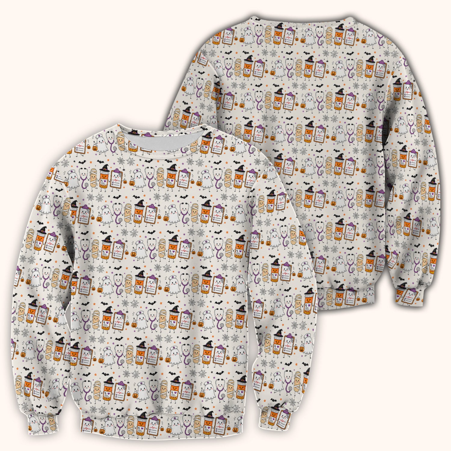 Halloween Medical Characters Print Scrub Top, Comfortable Scrubs for Nurses