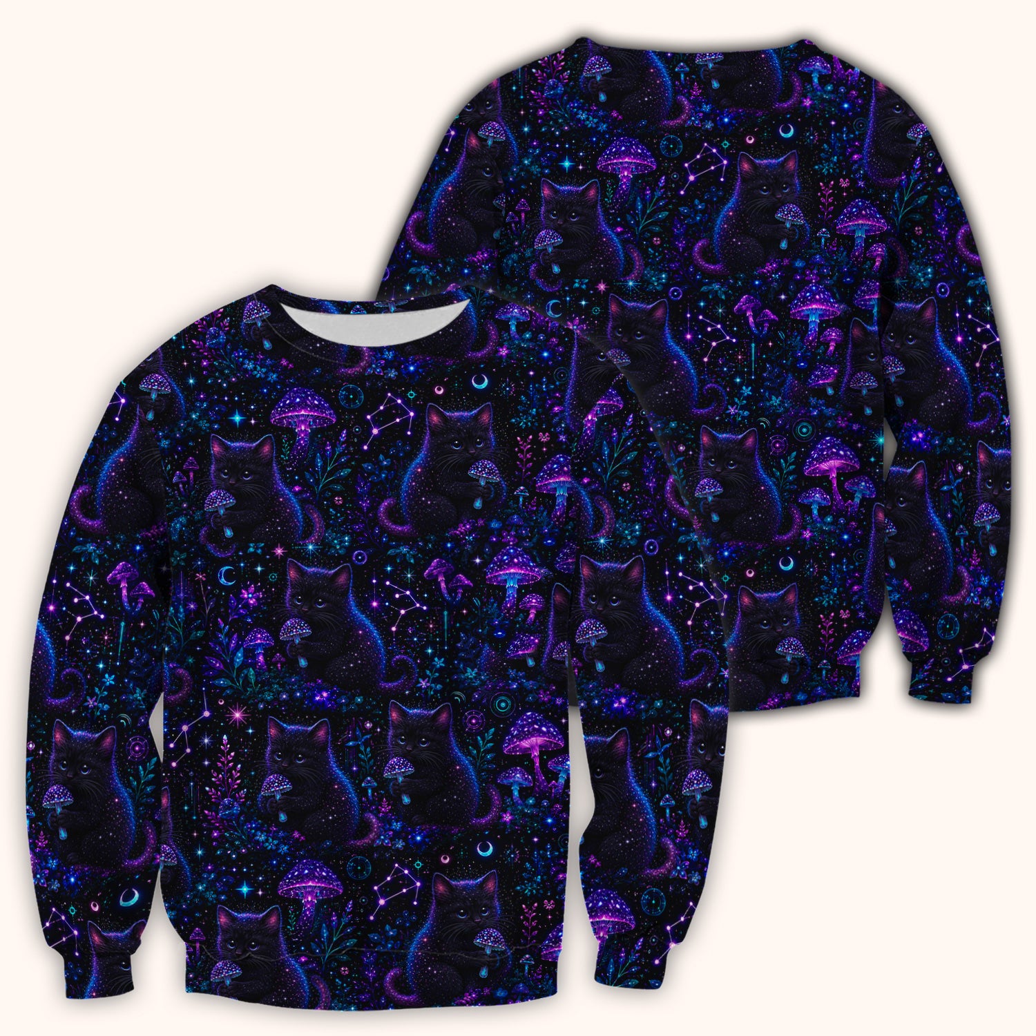 Neon Black Cat Mushroom Galaxy Pattern Scrub Top, Comfortable Scrubs for Nurses
