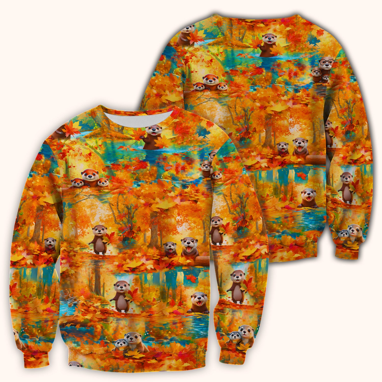 Cute Autumn Otter Leaf Forest Pattern Scrub Top, Comfortable Scrubs for Nurses