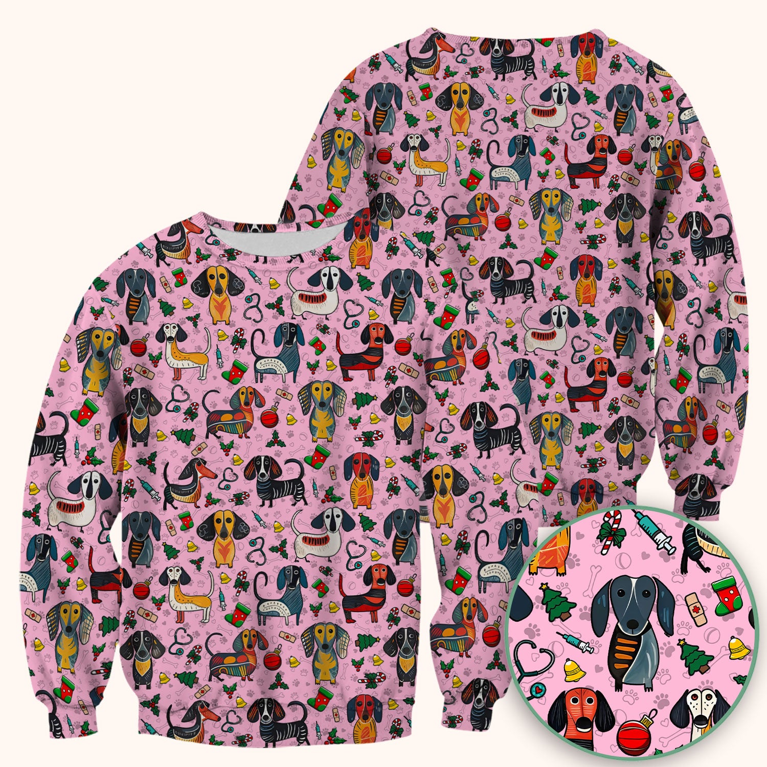 Christmas Wiener Dog Scrub Top - Funny Sausage Dog Nurse Shirt for Women - Holiday Medical Uniform
