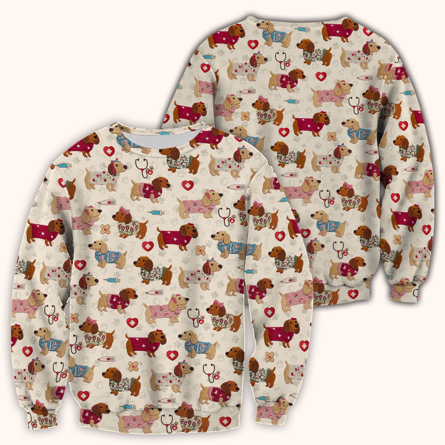 Cute Medical Wiener Dog Pattern Nurse Shirt, Dachshund Nursing Scrub Top, Breathable Fabrics Nursing Uniform