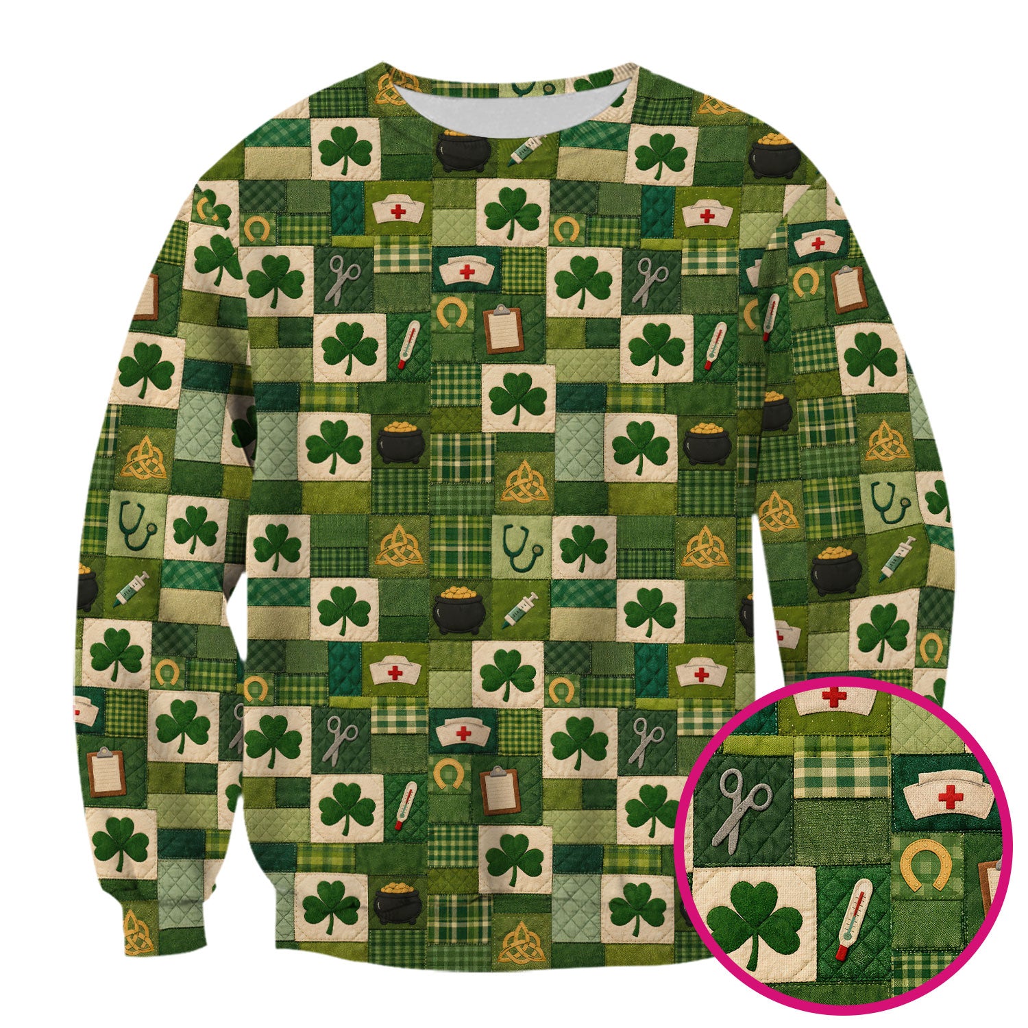St Patrick Medical Patchwork Shamrock Scrub Top, Comfortable Scrubs for Nurses