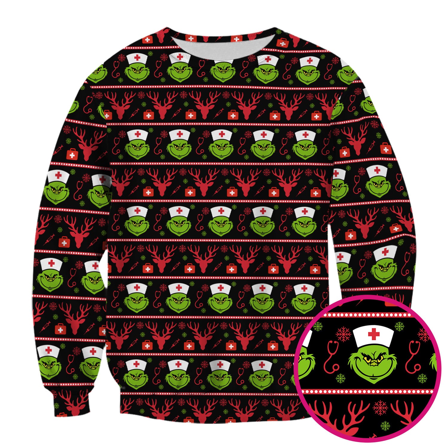 Grinch Nurse Ugly Christmas Scrub Top - Funny Holiday Nursing Scrubs Shirt - Cute Medical Workwear for Women with Festive Pattern