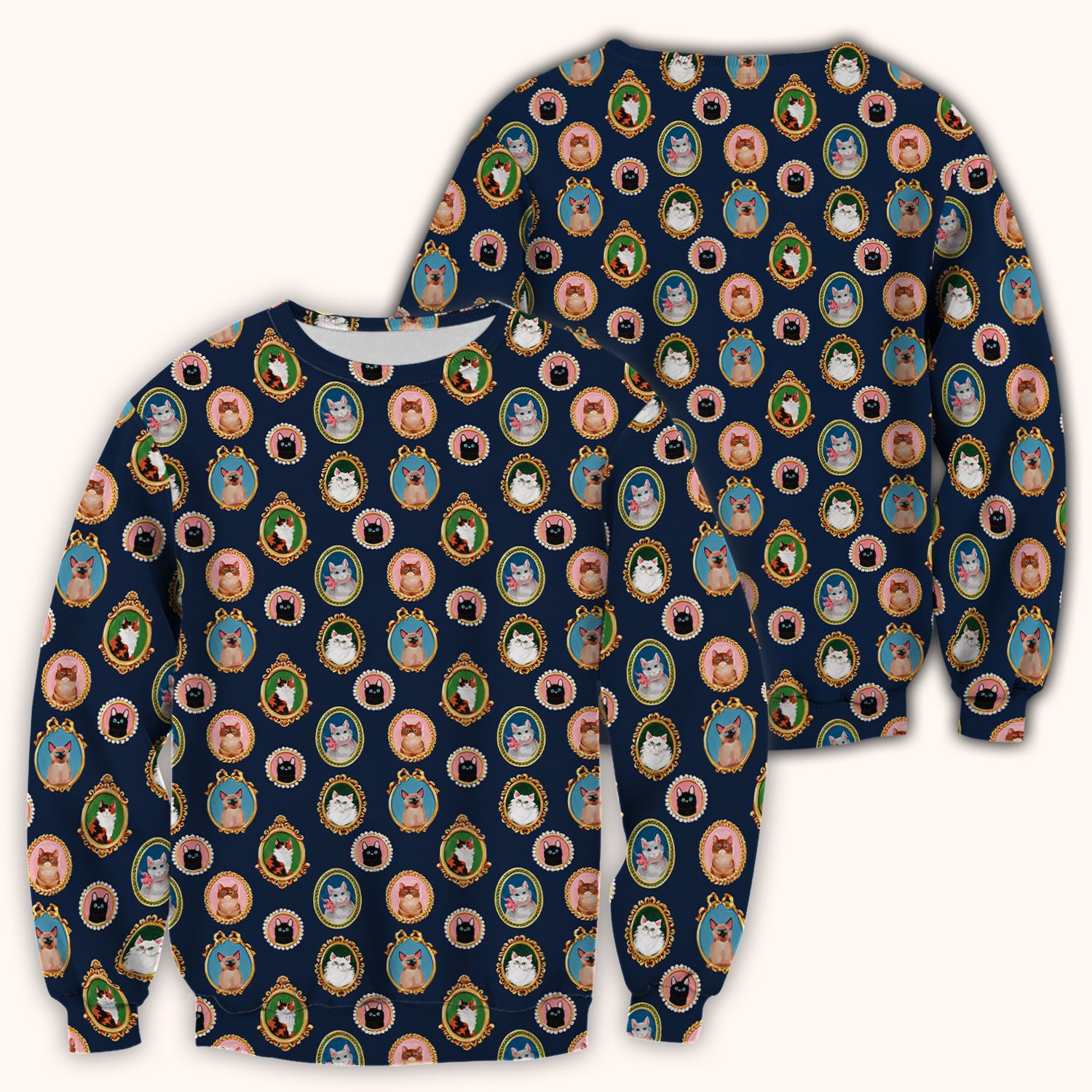 Vintage Cat Portrait Pattern Scrub Top, Breathable Medical Uniform Top