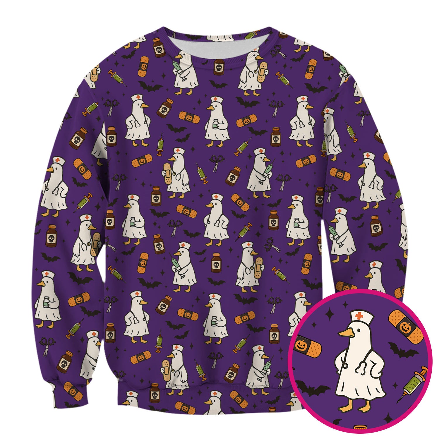 Funny Goose Nurse Scrub Top - Cute Halloween Duck Pattern Shirt with Bats & Bandages - Spooky Nursing Gift for Women RN LPN CNA