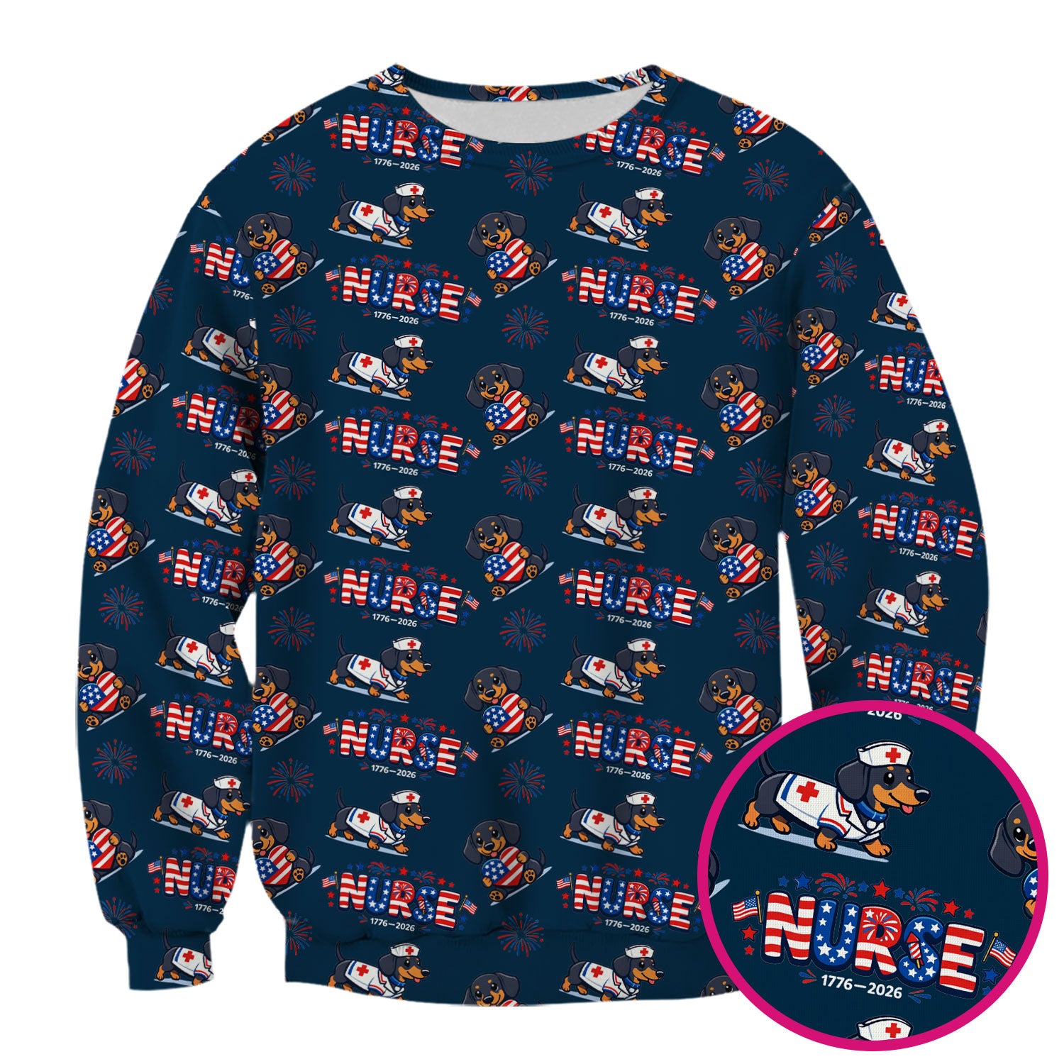 Proud Nurse Patriotic Dachshund Medical Firework Pattern Scrub Top, Comfortable Scrubs for Nurses