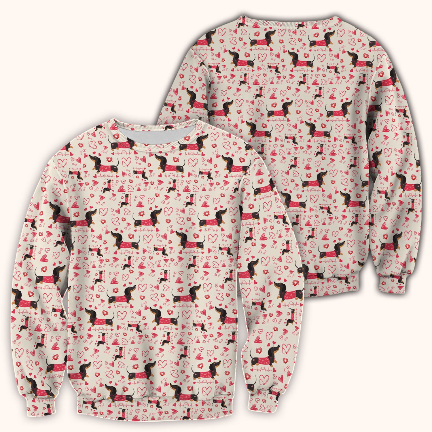 Dachshund Valentine Scrub Top, Cute Wiener Dog Heart Pattern Nurse Shirt, Breathable Fabrics Nursing Uniform