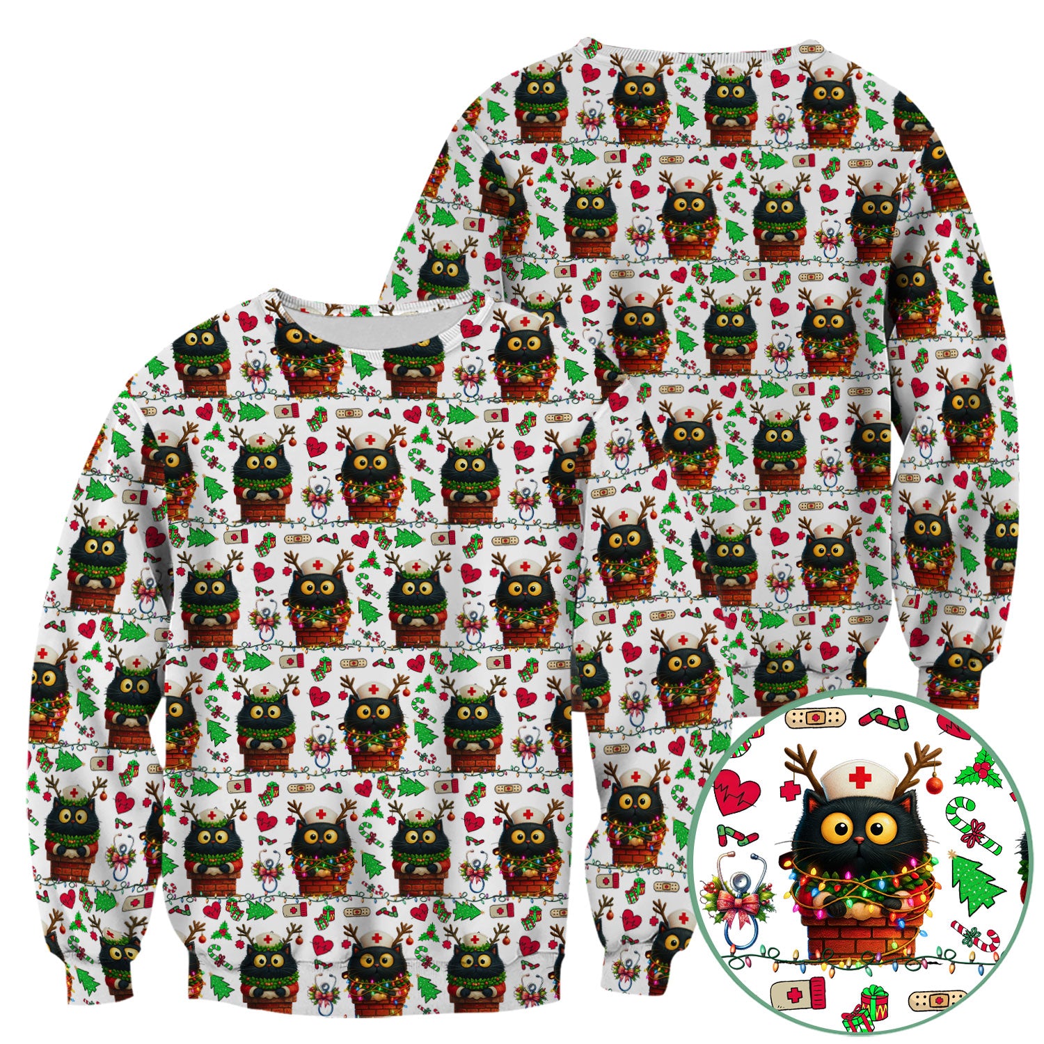 Christmas Black Cat Scrub Top for Nurse - Cute Reindeer Cat with Xmas Lights - Festive Holiday Medical Uniform for Women