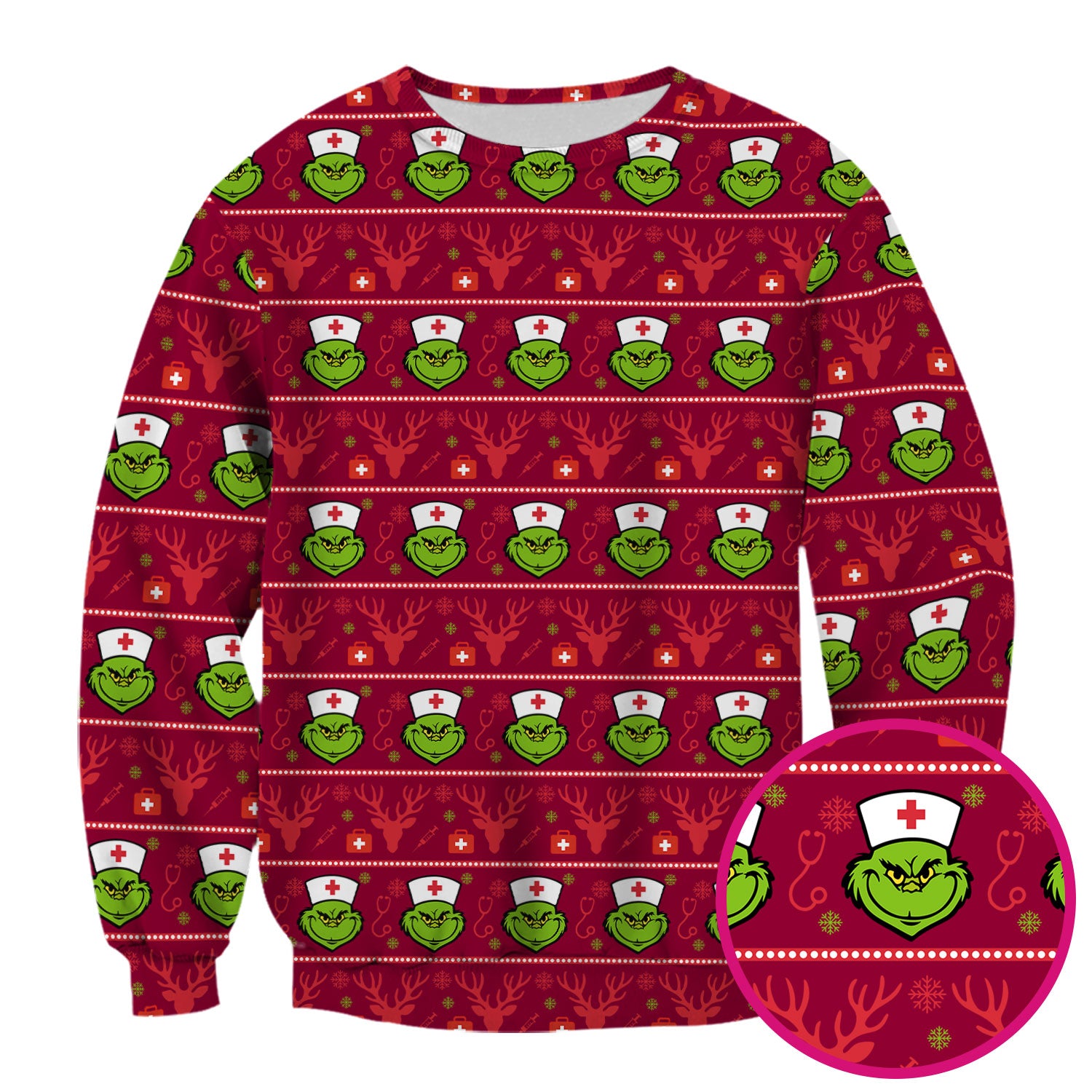 Funny Grinch Nurse Scrubs Top - Ugly Christmas Sweater Style Scrub Shirt - Holiday Nursing Workwear for Women