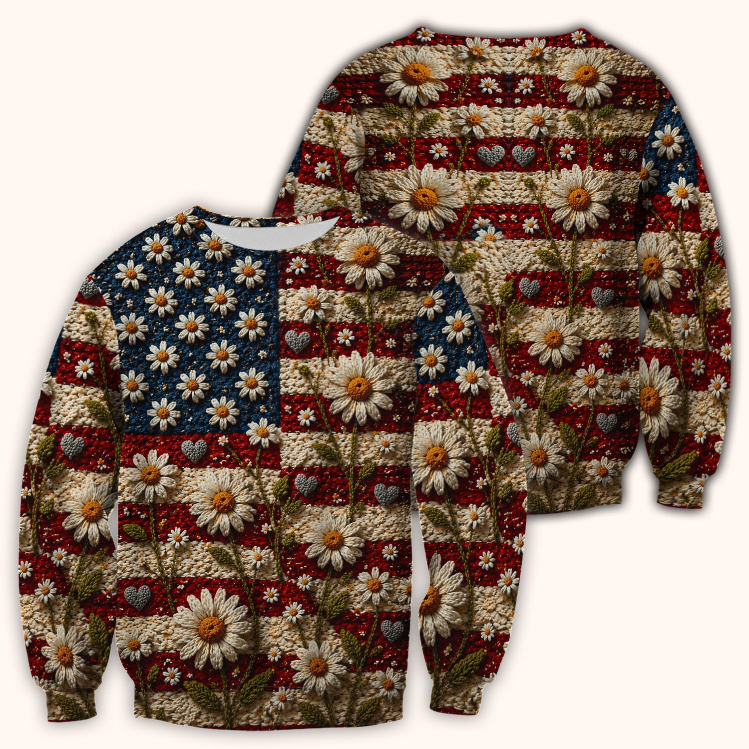 American Flag Daisy Floral Knit Texture Pattern Scrub Top, Breathable Fabrics Nursing Uniform