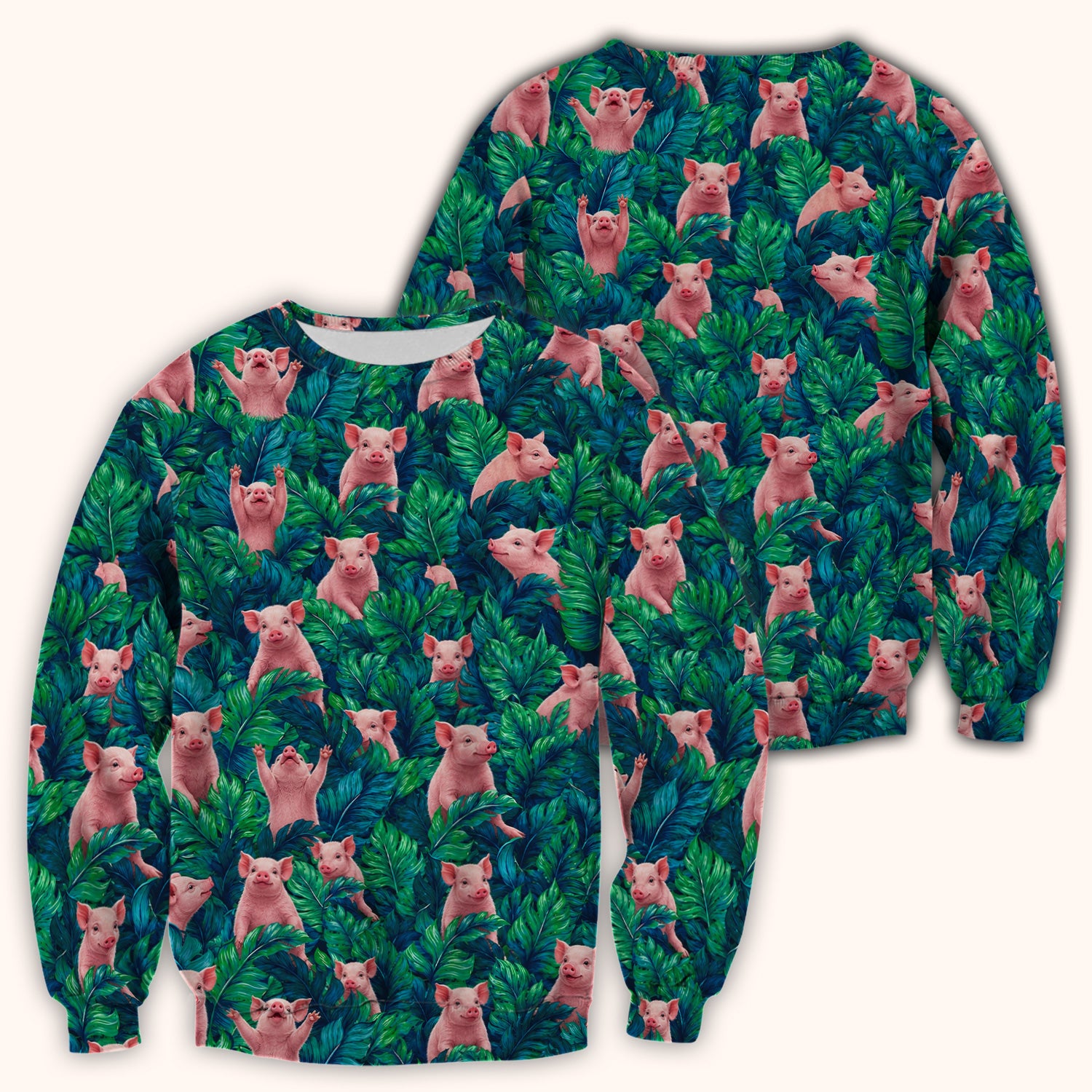 Cute Piglet Jungle Leaves Pattern Scrub Top, Comfortable Scrubs for Nurses