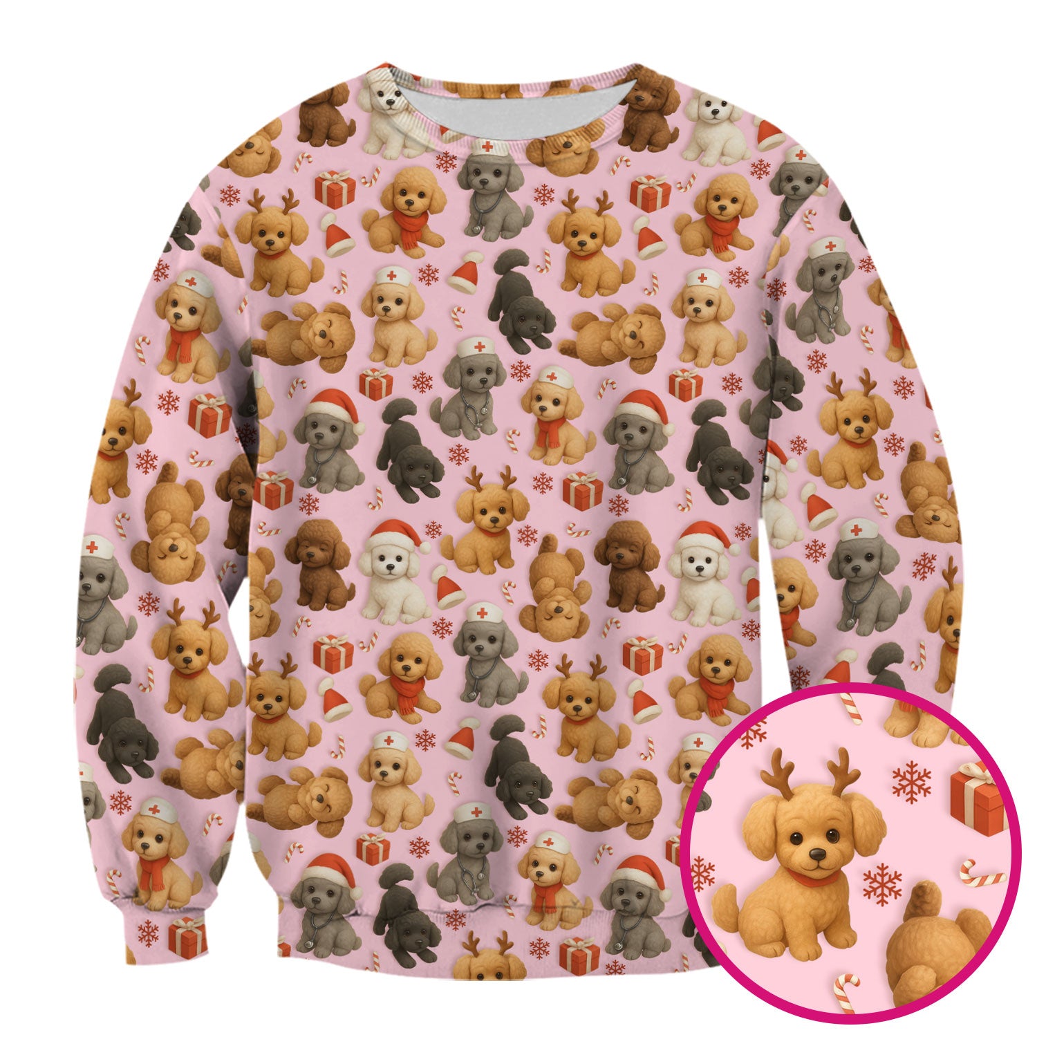 Poodle Scrubs Christmas Edition - Cute Dog Pattern Medical Scrub Top for Women - Holiday Christmas Scrubs with Fun Festive Puppy Print