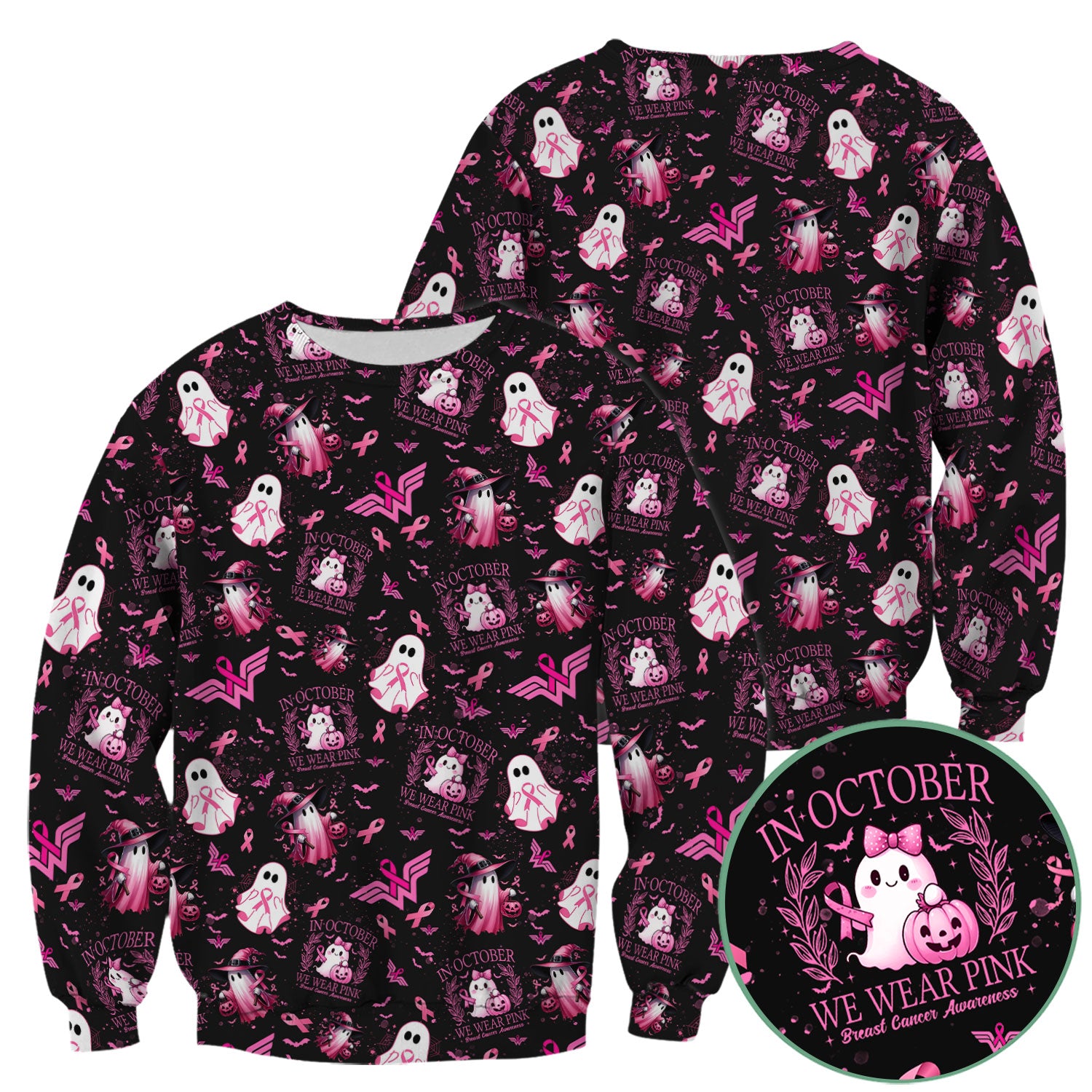 Pink Halloween Scrub Top for Nurses - In October We Wear Pink Breast Cancer Awareness Shirt - Cute Ghost Witch Gift for RN CNA LPN