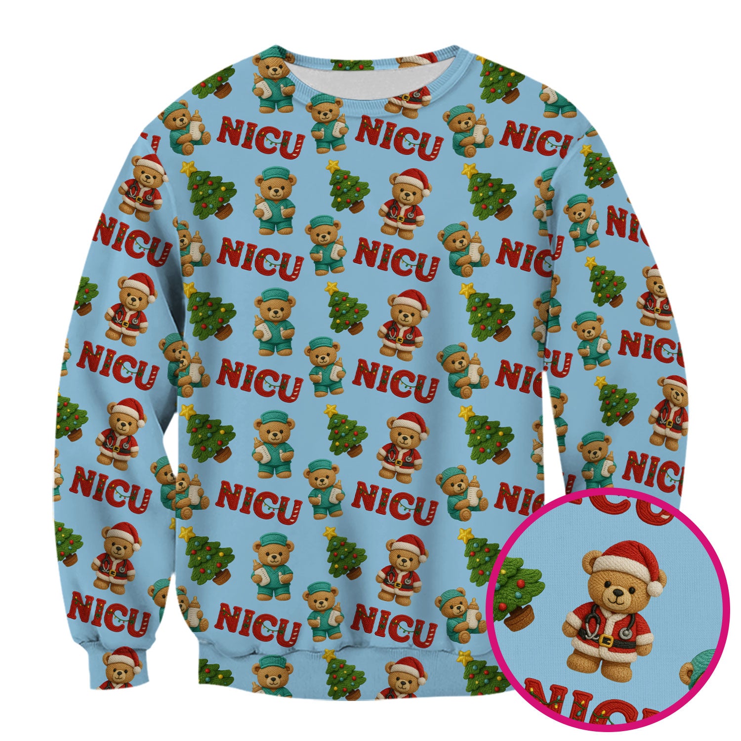 Festive Christmas NICU Nurse Teddy Bear Pattern, Breathable Fabrics Nursing Uniform