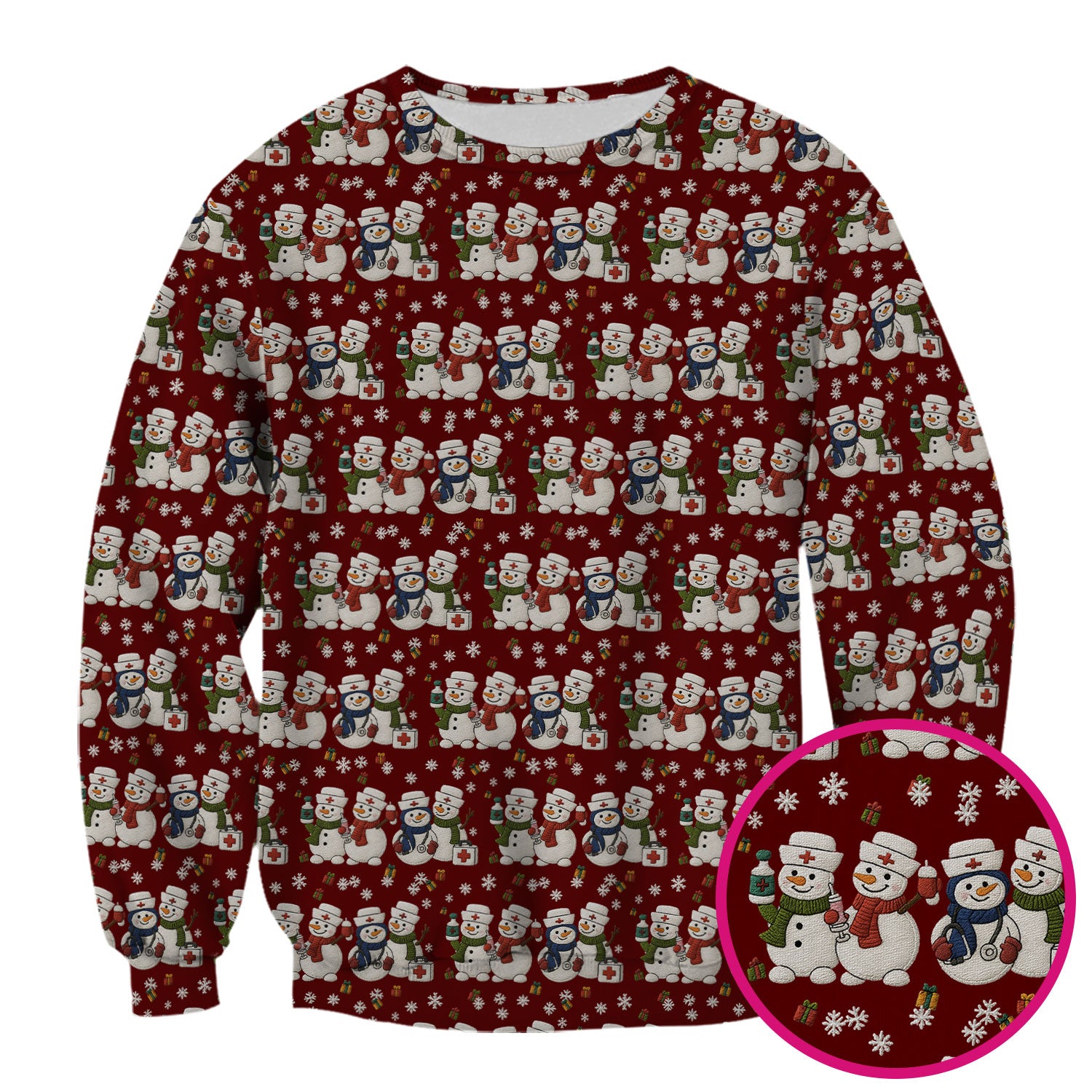 Cute Christmas Snowman Nurse Pattern Scrub Top, Breathable Fabrics Nursing Uniform