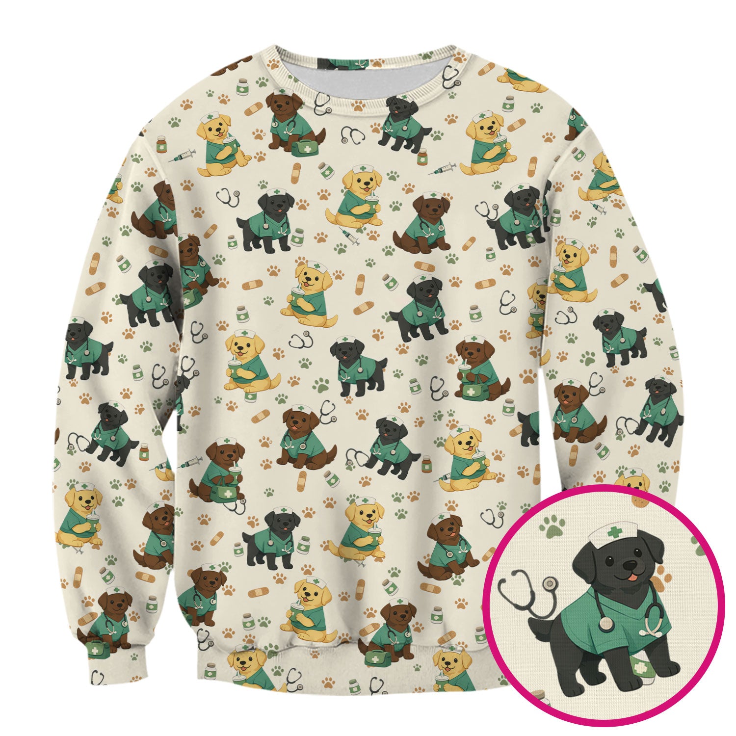 Labrador Retriever Nurse Scrub Top, Cute Medical Dog Pattern Nurses Shirt, Breathable Fabrics Nursing Uniform