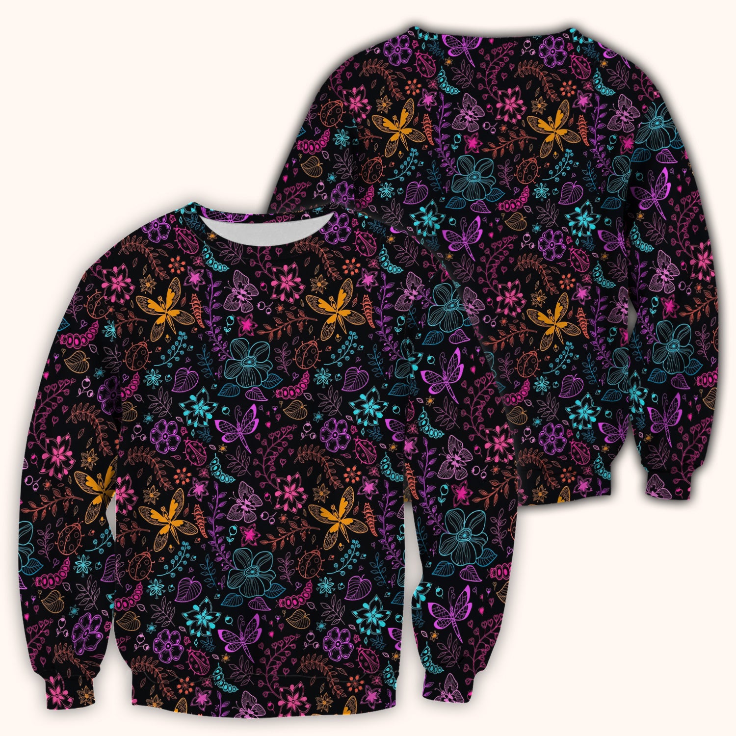 Neon Butterfly and Floral Garden Pattern Scrub Top, Comfortable Scrubs for Nurses
