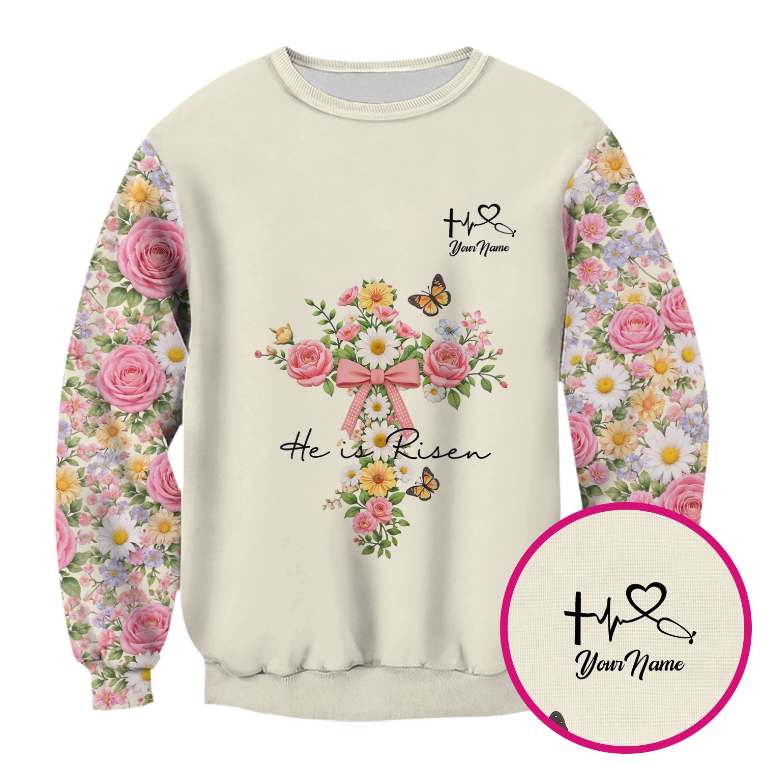 Personalized Meaningful Easter Nurse He Is Risen Floral Cross Bow Pattern Scrub Top, Comfortable Scrubs for Nurses
