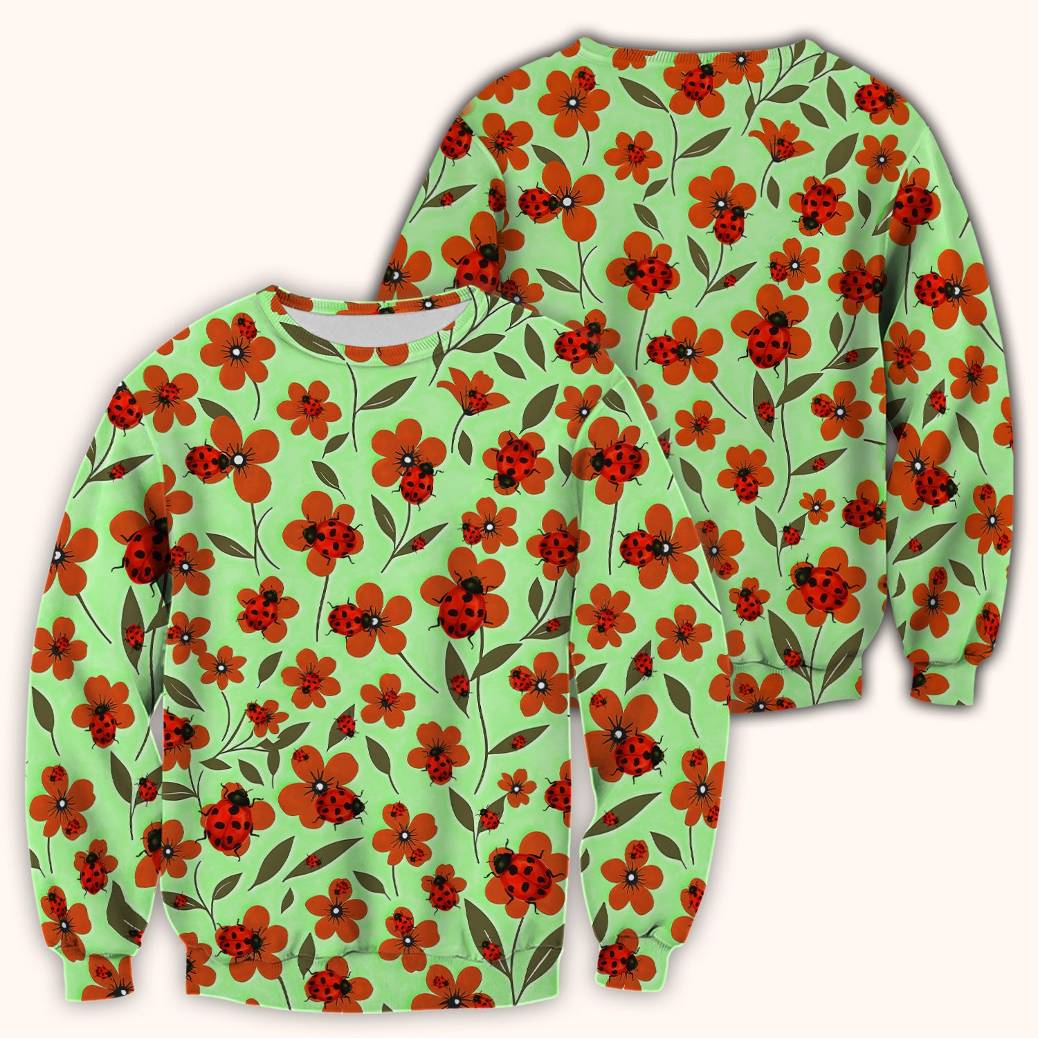 Ladybug on Orange Floral Garden Pattern Scrub Top, Comfortable Scrubs for Nurses