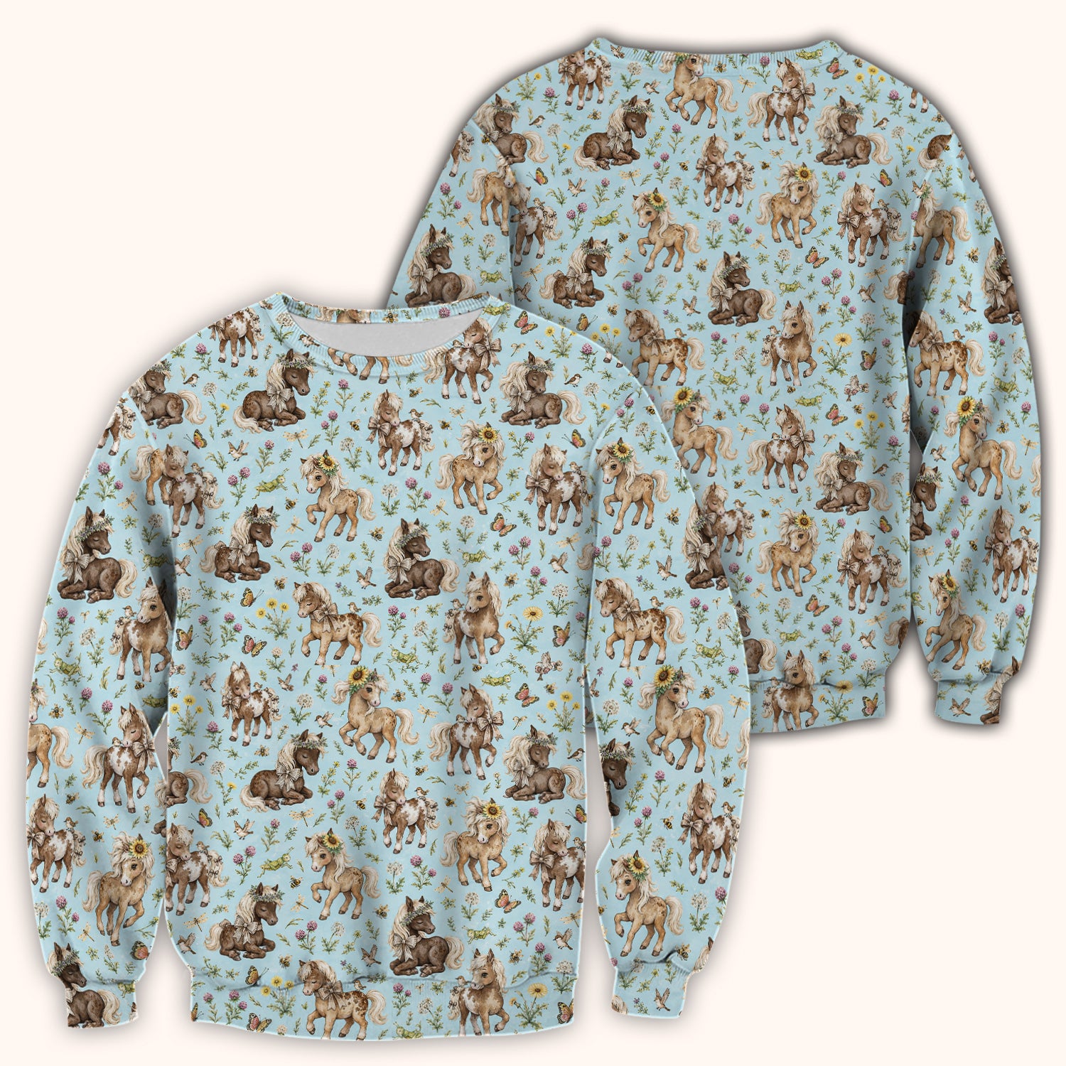 Cute Pony Garden with Butterfly Floral Meadow Print Scrub Top, Comfortable Scrubs for Nurses
