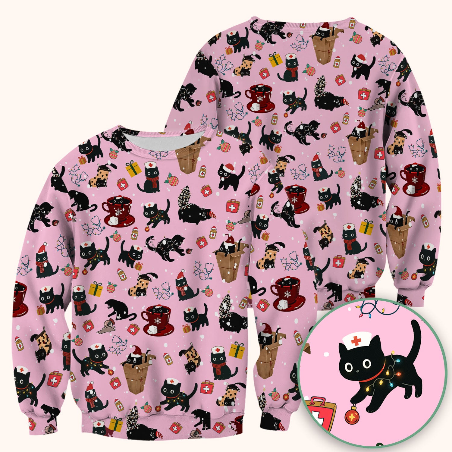 Christmas Cat Scrub Top for Nurse - Funny Black Cats Shirt - Cute Holiday Medical Uniform for Women