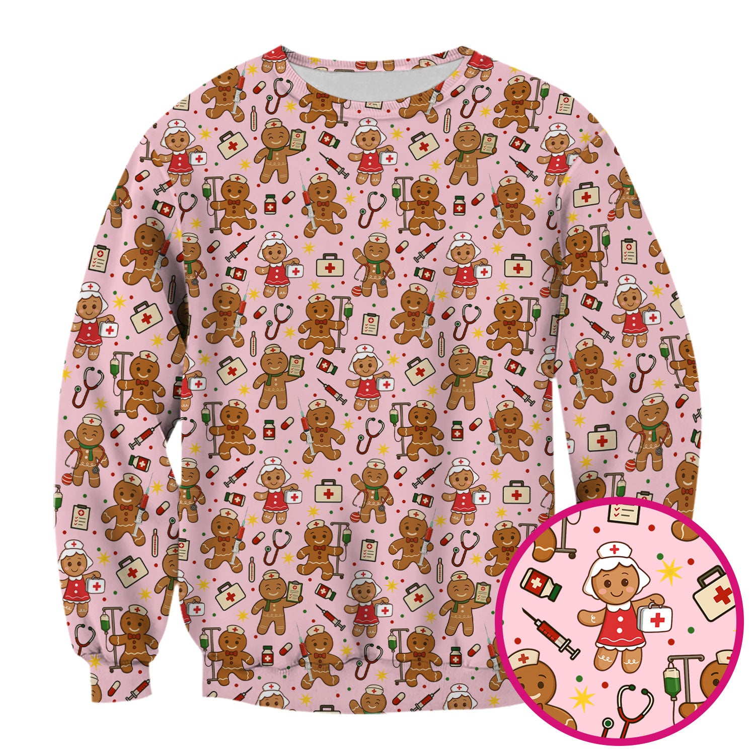 Cute Gingerbread Nurse Scrub Top - Funny Christmas Cookie Pattern - Holiday Nursing Shirt Gift for RN LPN CNA Women