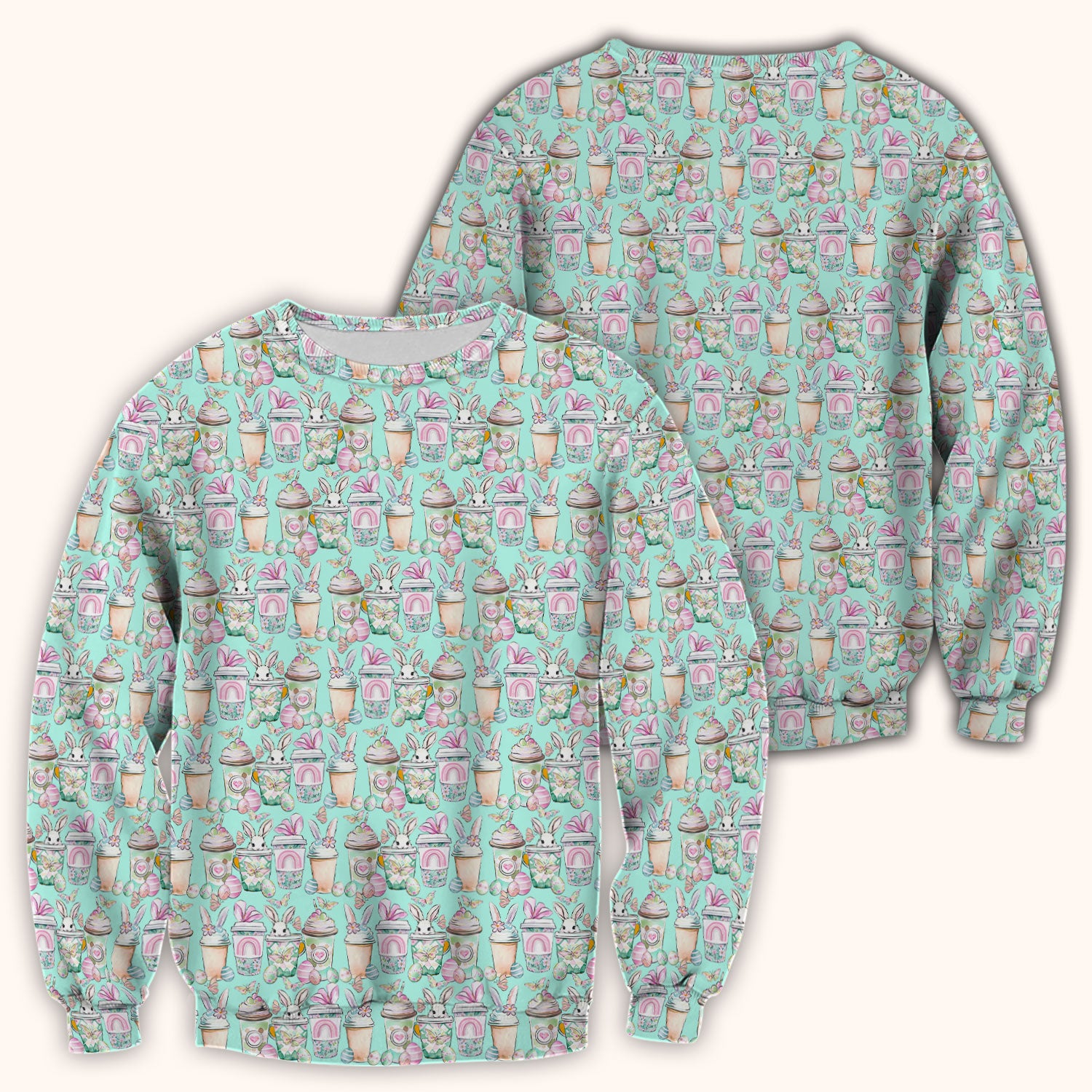 Cute Easter Bunny Coffee Cup Pattern Scrub Top, Comfortable Scrubs for Nurses