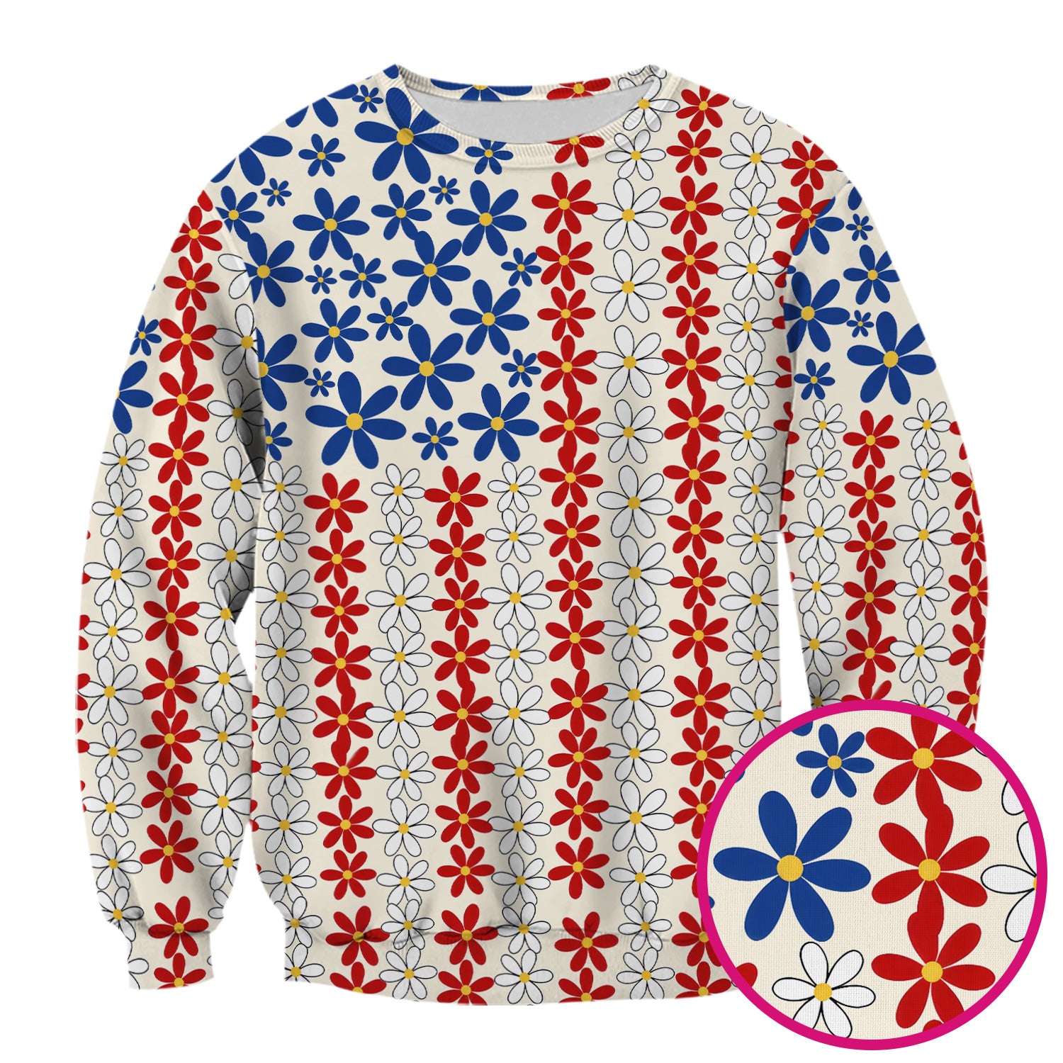 Retro Red Blue Daisy Stripe Pattern Scrub Top, Comfortable Scrubs for Nurses