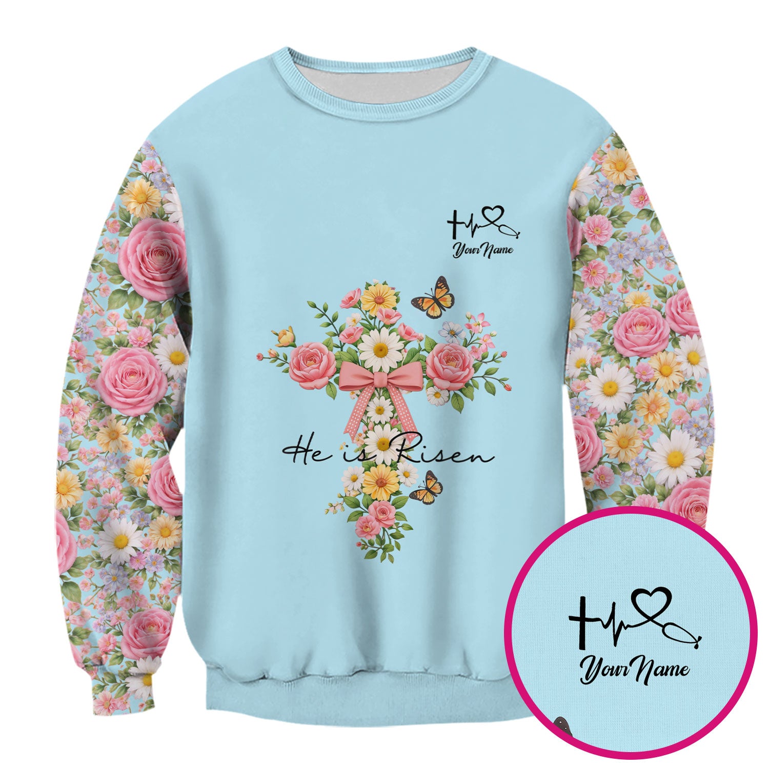 Personalized Meaningful Easter Nurse He Is Risen Floral Cross Bow Pattern Scrub Top, Comfortable Scrubs for Nurses