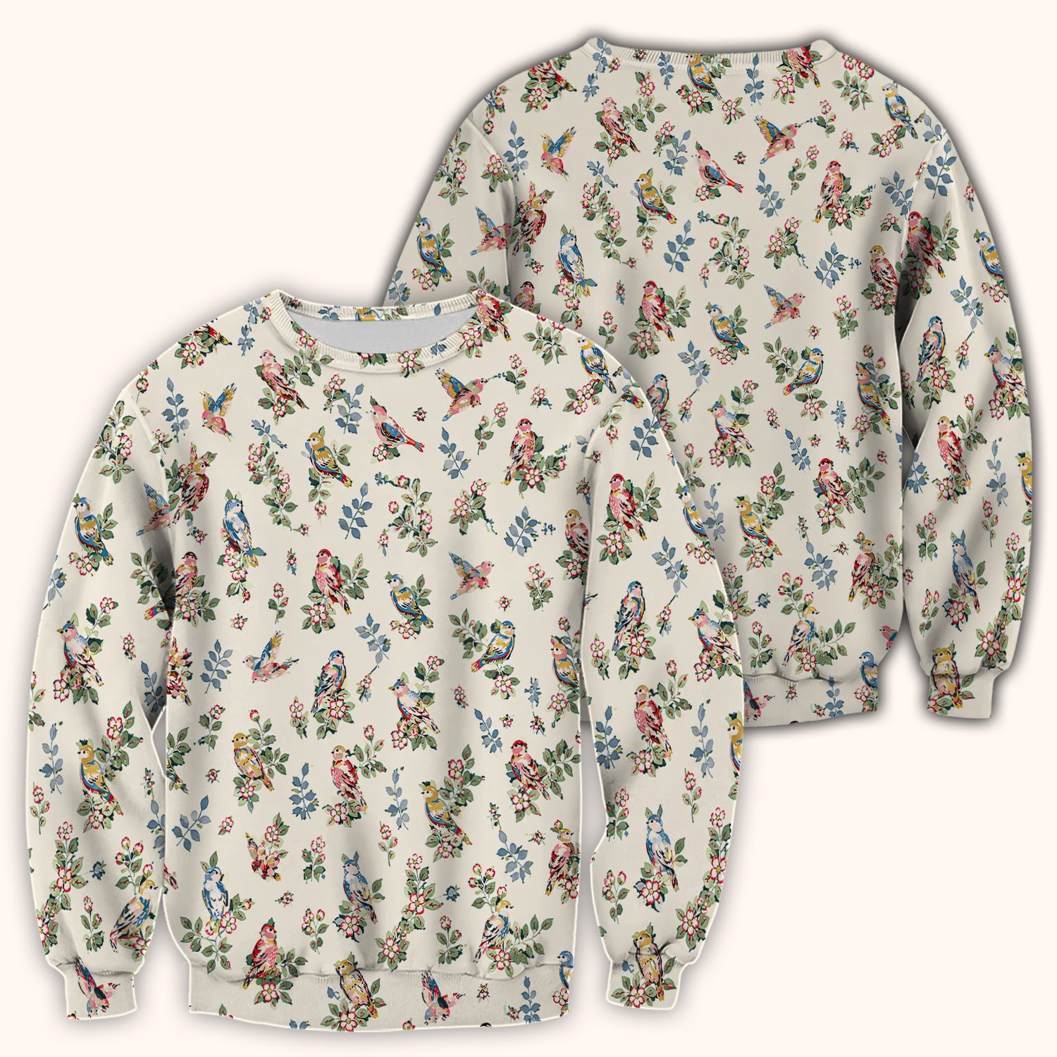 Cute Vintage Birds Blossom Pattern Scrub Top, Comfortable Scrubs for Nurses