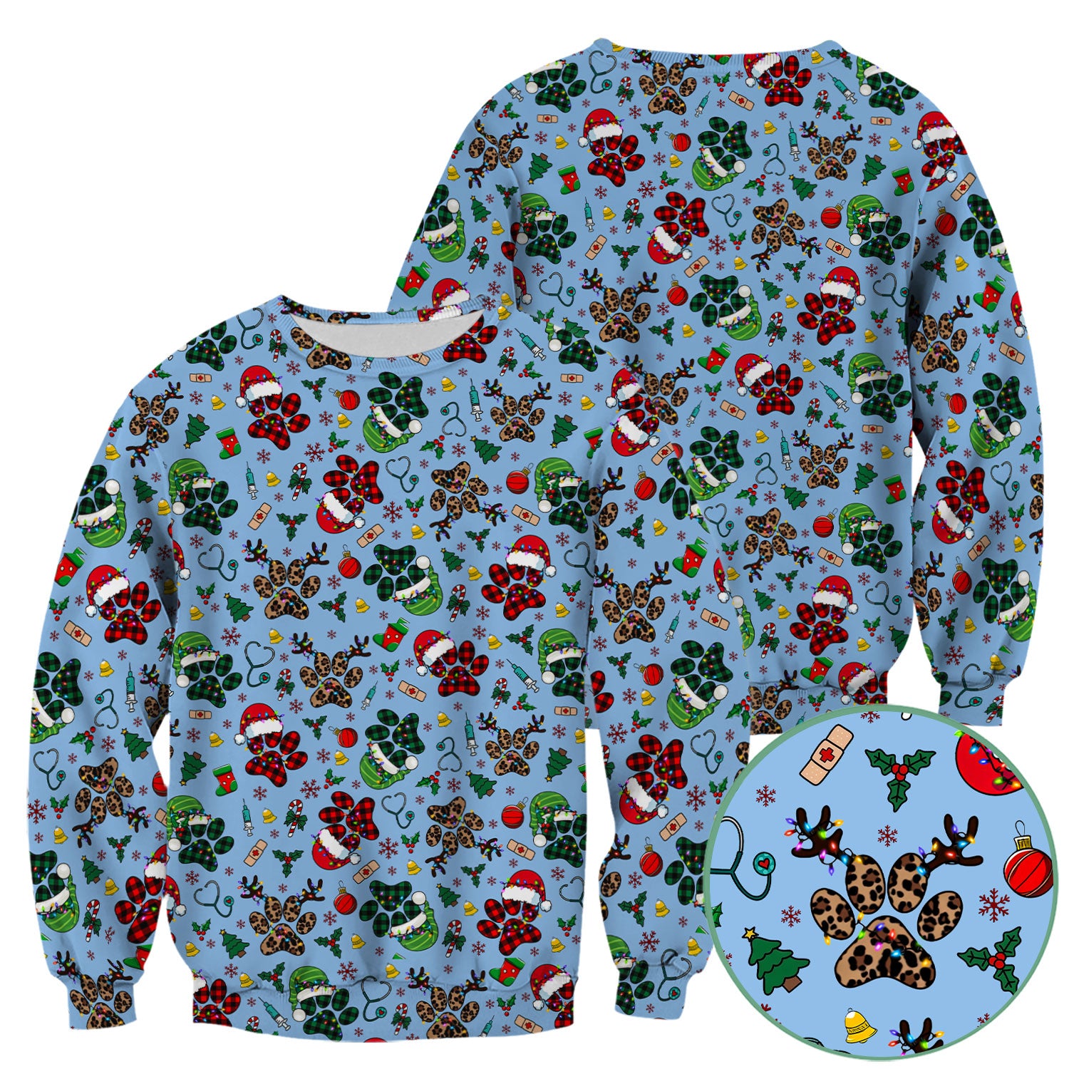 Christmas Paw Print Scrub Top for Nurses - Cute Leopard Holiday Pattern - Funny Festive Medical Uniform Gift
